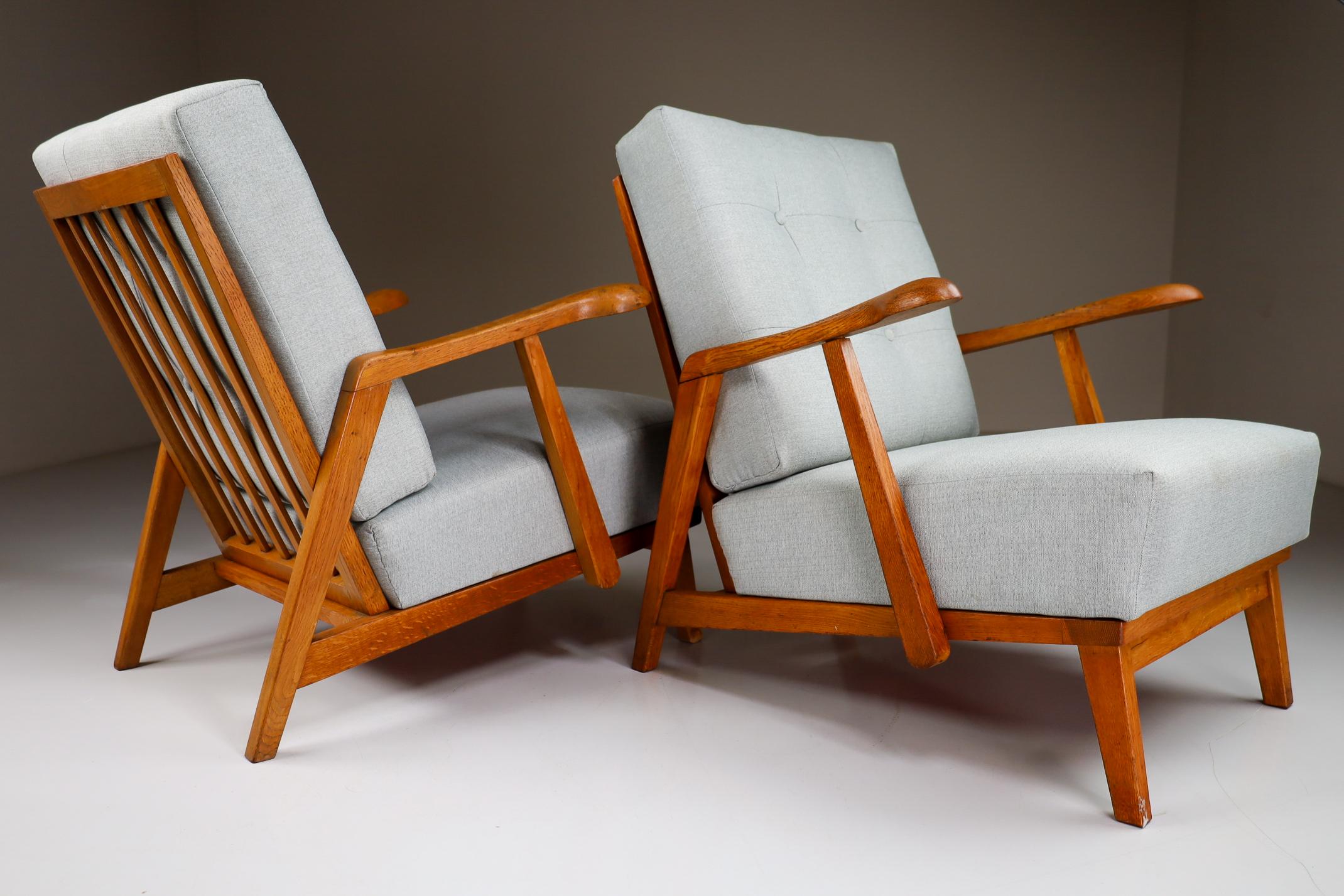 Pair/2 Sculptural Armchairs in Oak and Reupholstered Fabric, France, 1950s 2