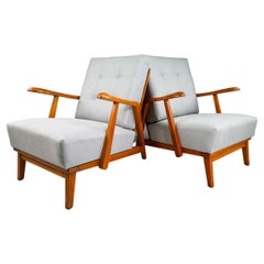 Pair/2 Sculptural Armchairs in Oak and Reupholstered Fabric, France, 1950s