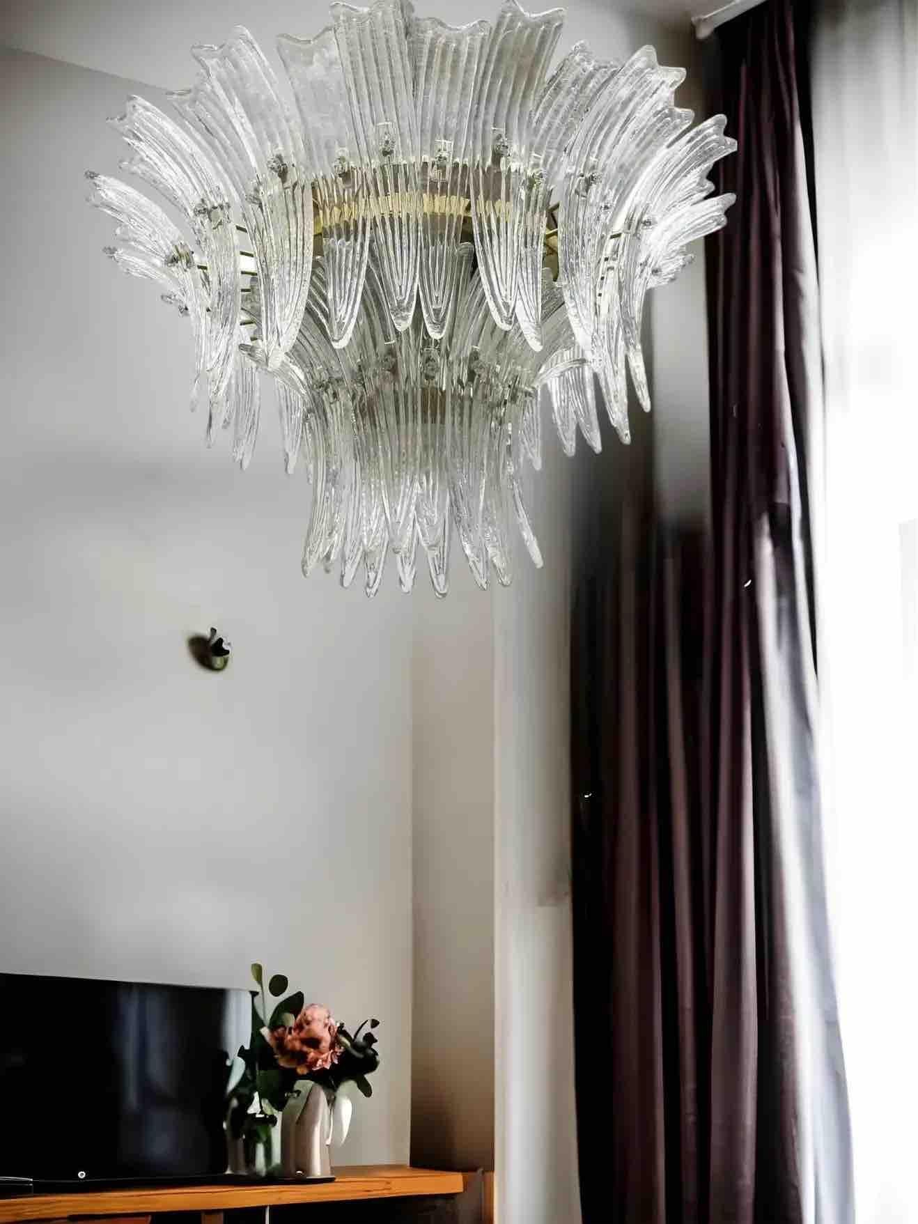 Italian Pair 2 Tier Murano Glass Palmette Chandelier Flush Mount by Barovier Toso, Italy