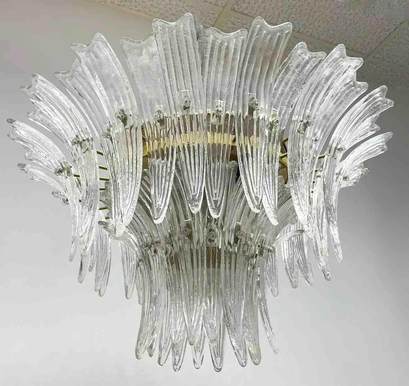 Hand-Crafted Pair 2 Tier Murano Glass Palmette Chandelier Flush Mount by Barovier Toso, Italy