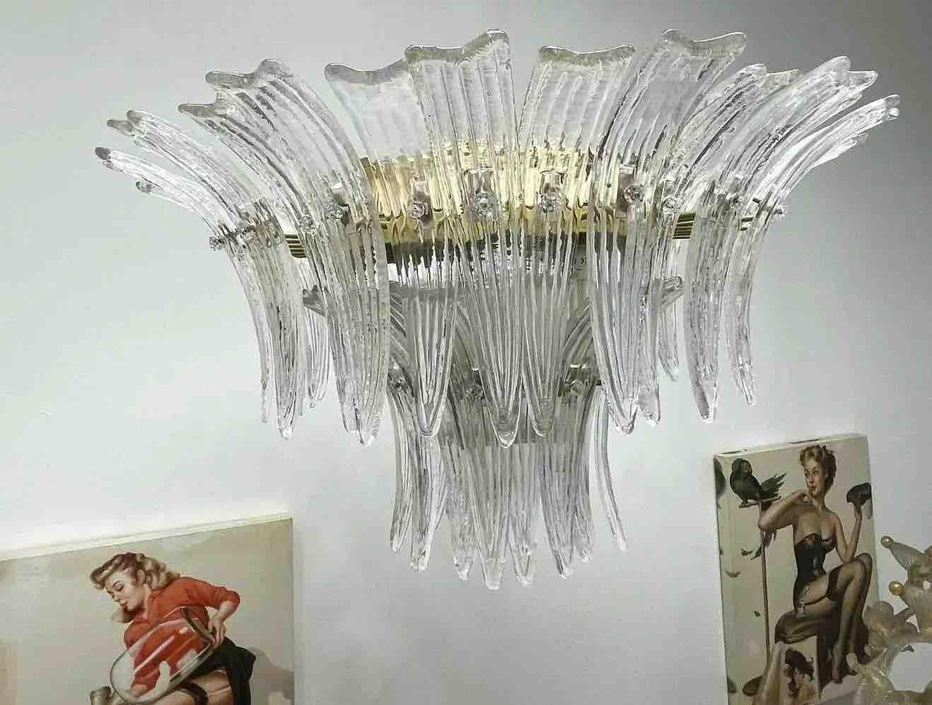 Late 20th Century Pair 2 Tier Murano Glass Palmette Chandelier Flush Mount by Barovier Toso, Italy
