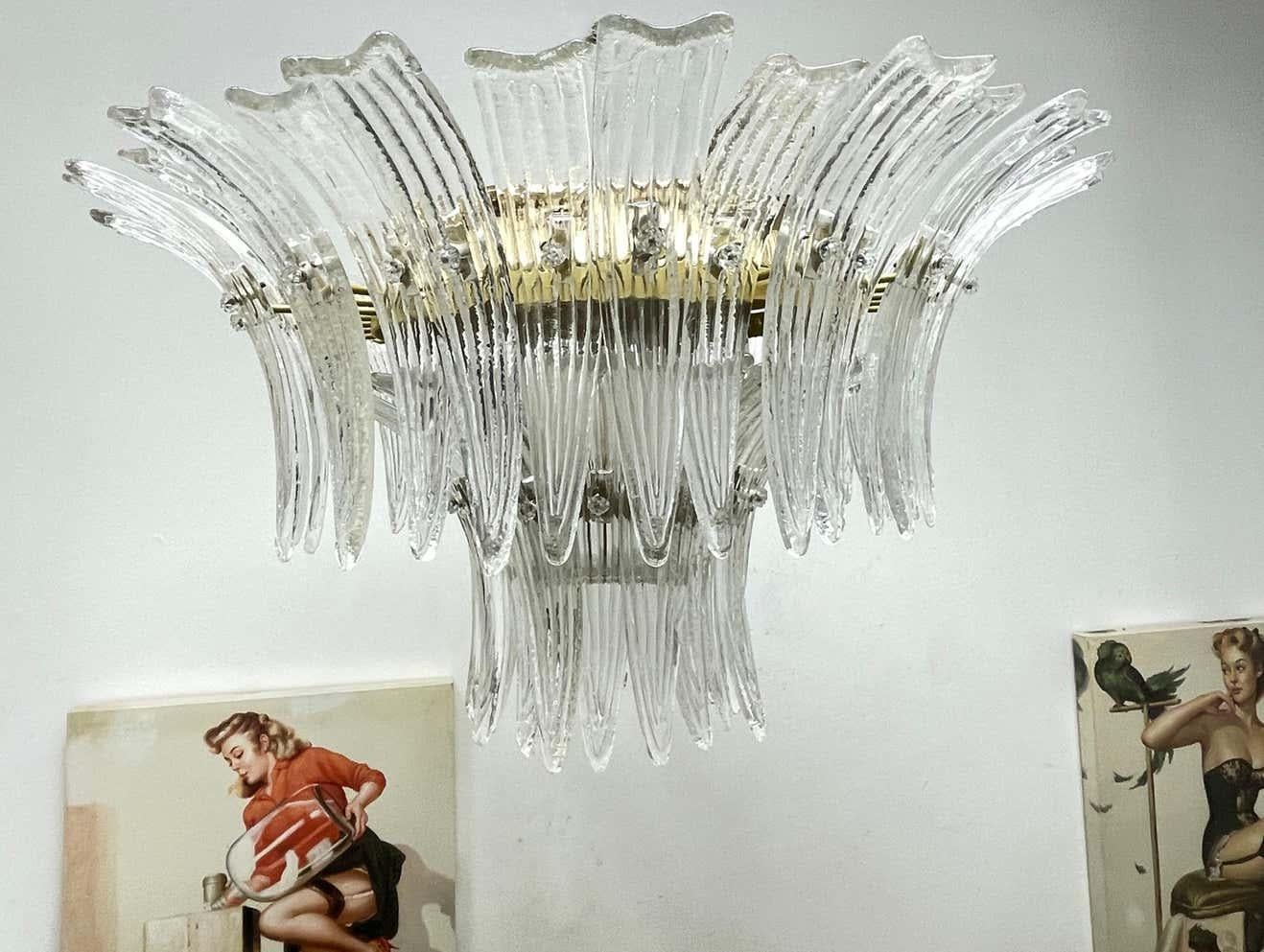 Pair 2 Tier Murano Glass Palmette Chandelier Flush Mount by Barovier Toso, Italy 1