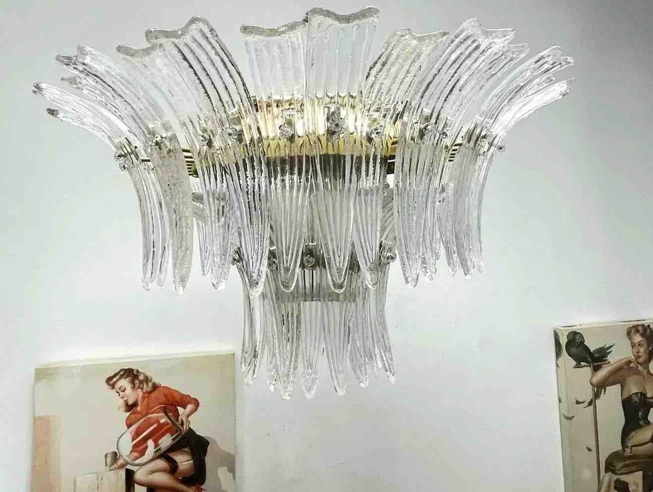 Brass Pair 2 Tier Murano Glass Palmette Chandelier Flush Mount by Barovier Toso, Italy
