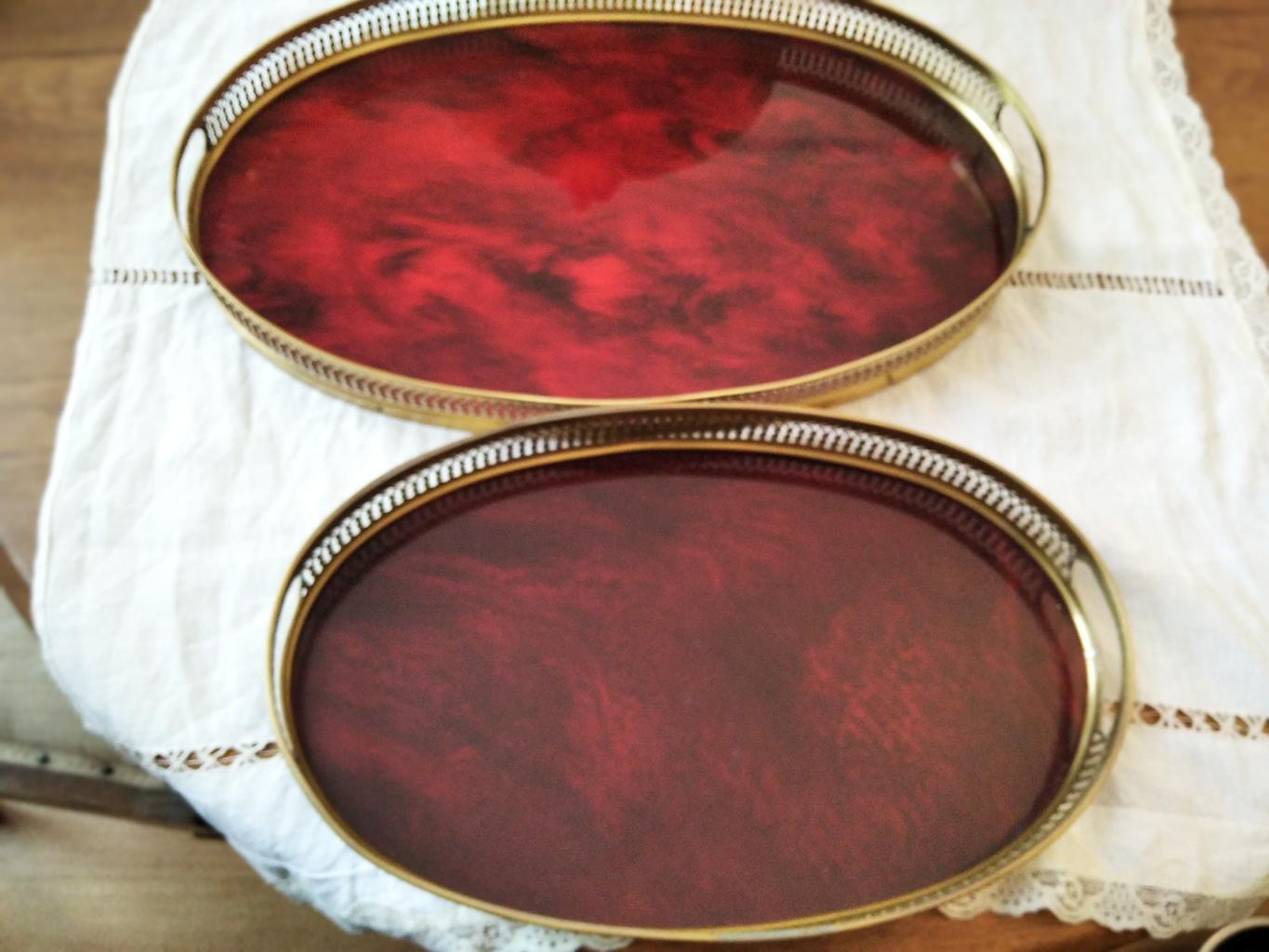Pair Two Trays  Brass and Tortoiseshell Lucite Acrylic, Midcentury Italy, 1970s 4