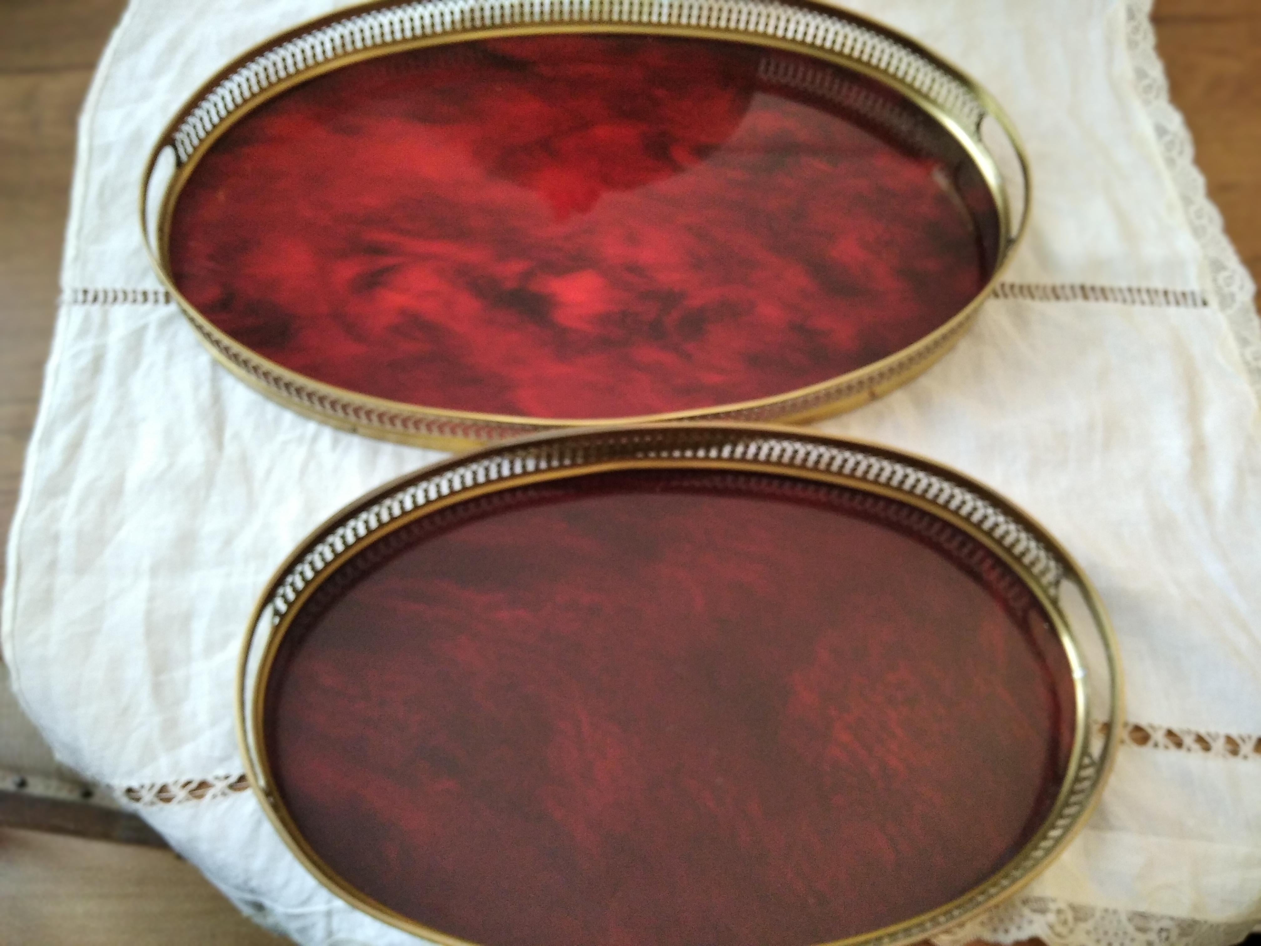 20th Century Pair Two Trays  Brass and Tortoiseshell Lucite Acrylic, Midcentury Italy, 1970s