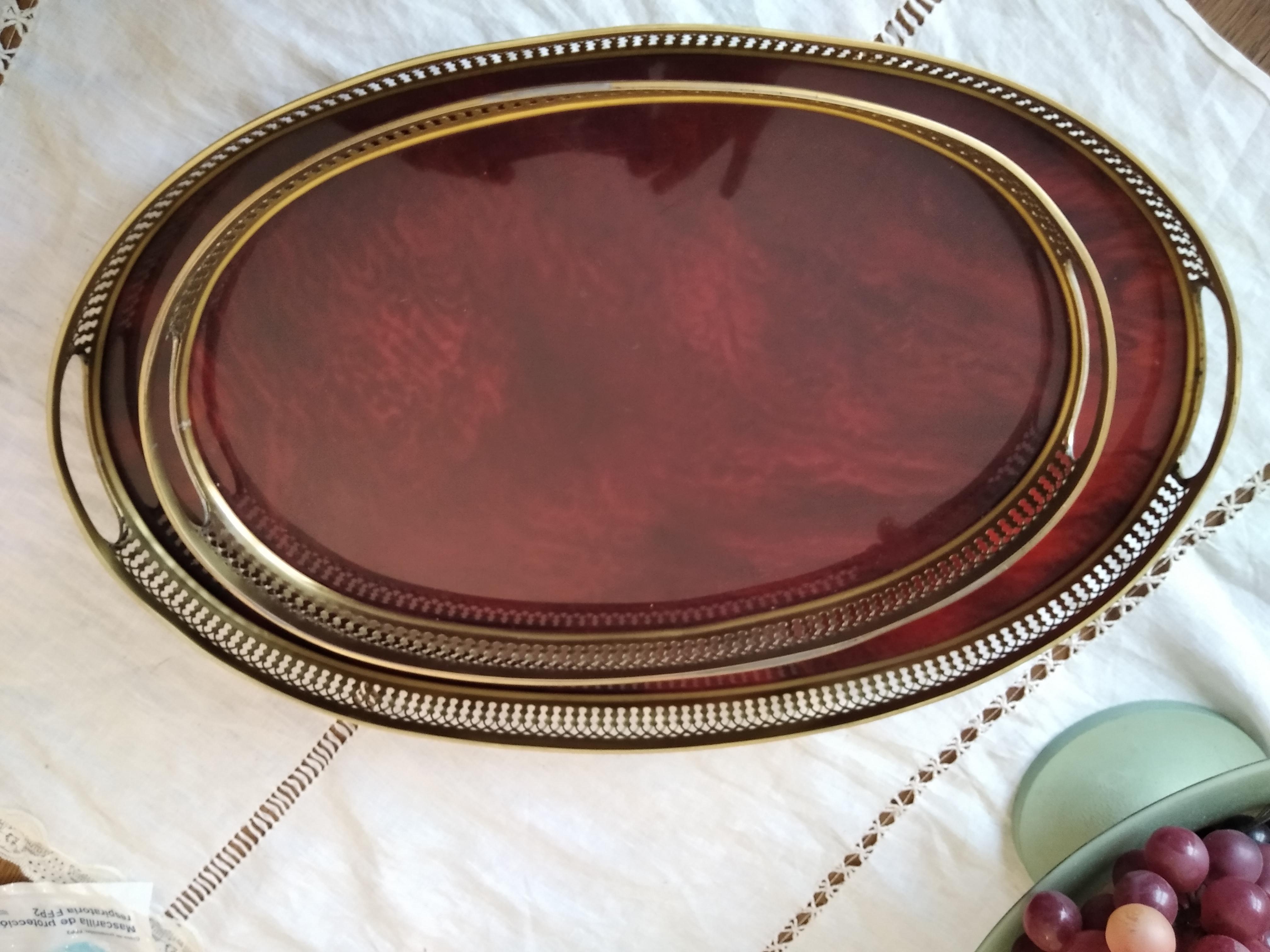 Pair Two Trays  Brass and Tortoiseshell Lucite Acrylic, Midcentury Italy, 1970s 2