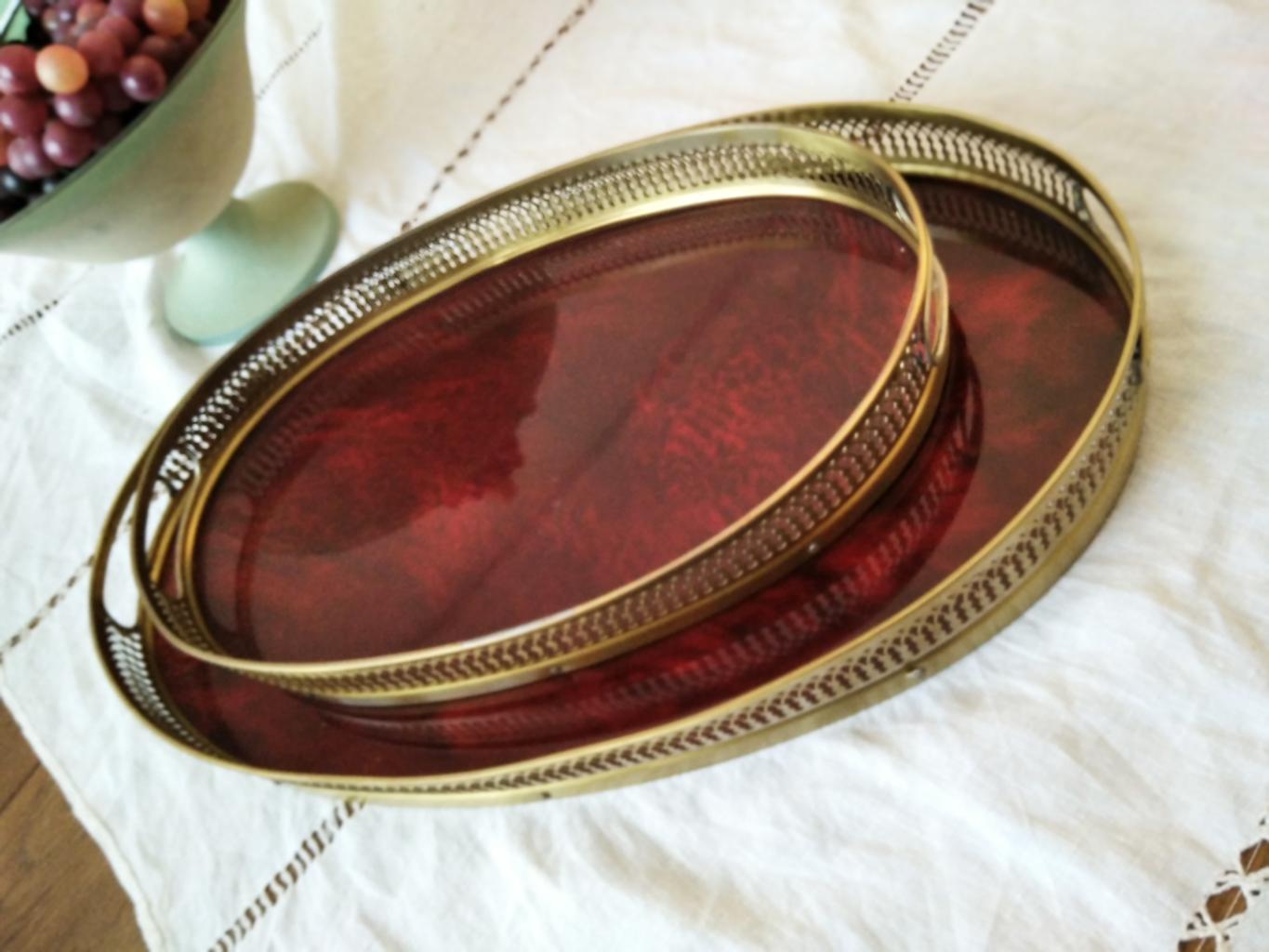 Pair Two Trays  Brass and Tortoiseshell Lucite Acrylic, Midcentury Italy, 1970s 3