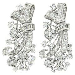 Pair 2 Vintage Platinum 11.50ctw Diamond Flower Bouquet Bundle Pin Brooch Clips