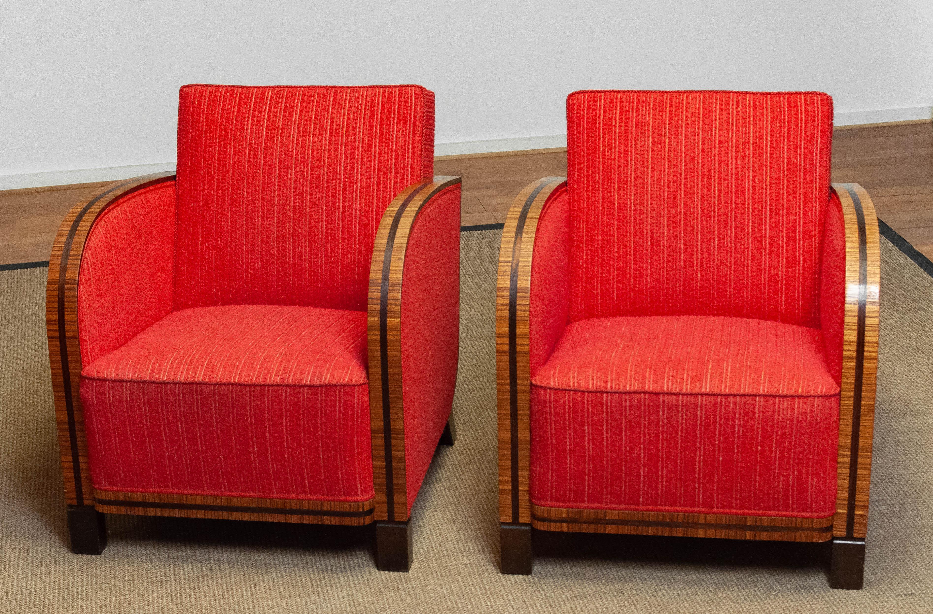 Pair '20 Art Deco Club Lounge Chairs Veneered Armrests Red Bouclé