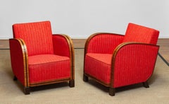 Pair '20 Art Deco Club Lounge Chairs Veneered Armrests Red Bouclé Fabric Sweden