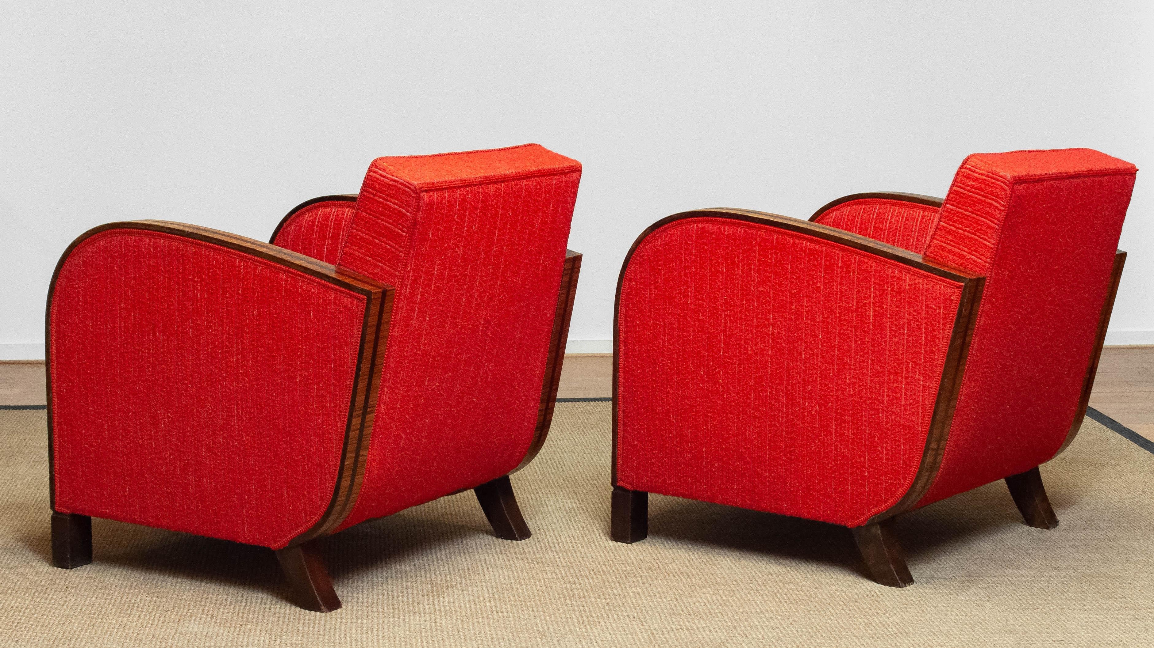 Wool Pair '20 Art Deco Club Lounge Chairs Veneered Armrests Red Bouclé Fabric Sweden