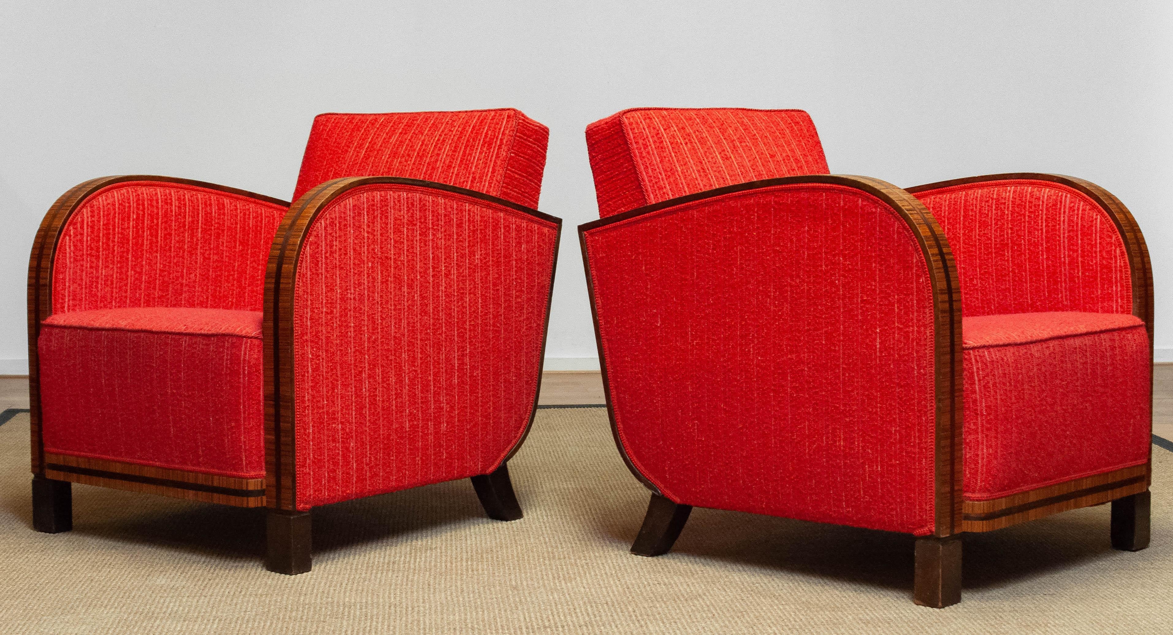 Pair '20 Art Deco Club Lounge Chairs Veneered Armrests Red Bouclé Fabric Sweden 2