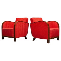 Pair '20 Art Deco Club Lounge Chairs Veneered Armrests Red Bouclé Fabric Sweden