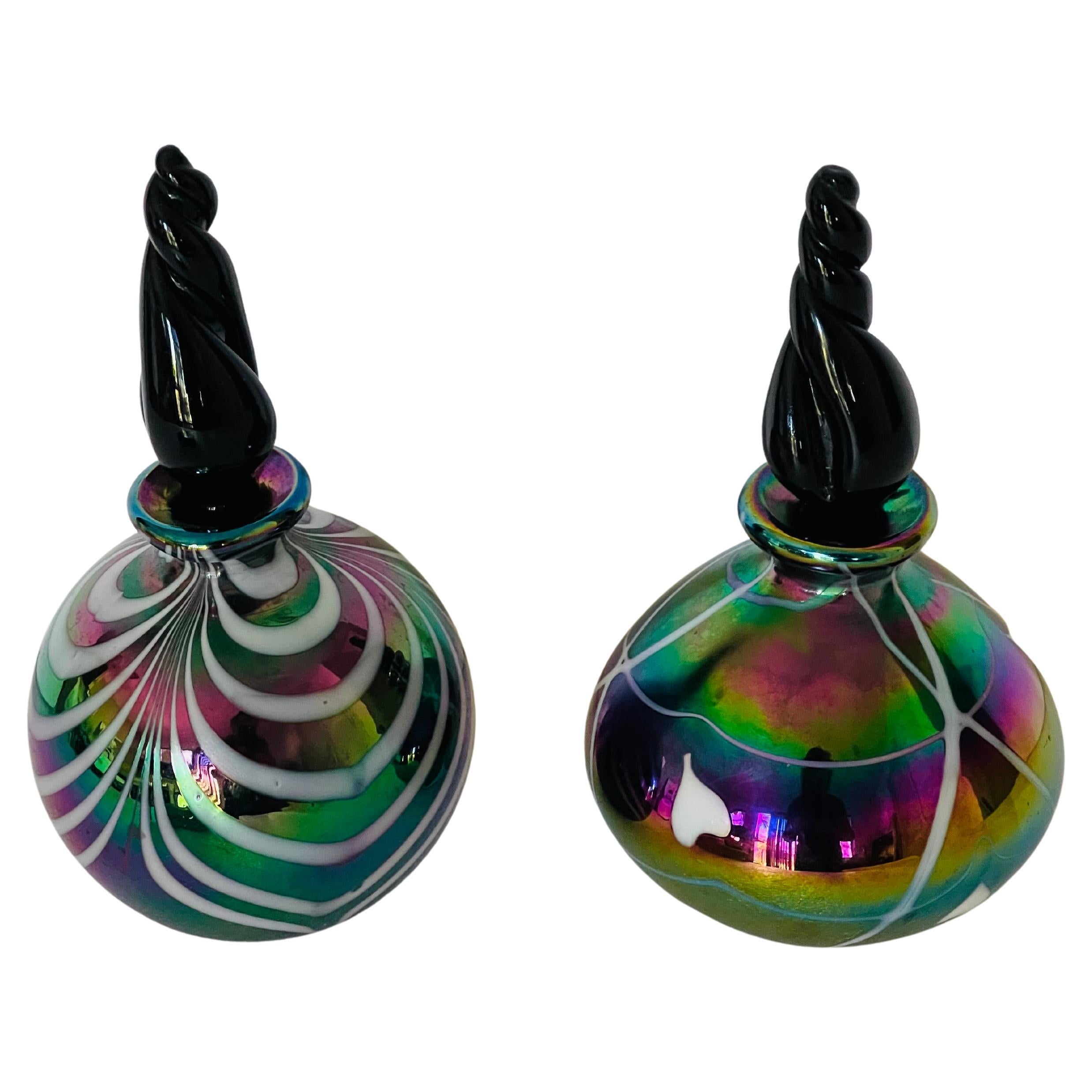 Pair 20 th c Murano Iridescent Glass Perfume Bottles For Sale