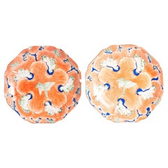 Pair 20th c Chinese Porcelain Marked Orange Plater Flowers Bird Marked Base