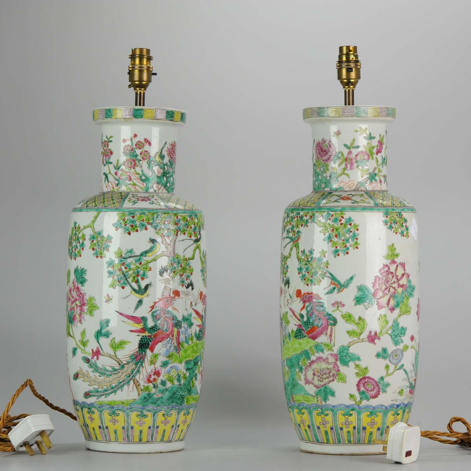 20th Century Chinese Porcelain Vases PRoC Lamp Fenghuang Bird Vases Roses, Pair For Sale 2