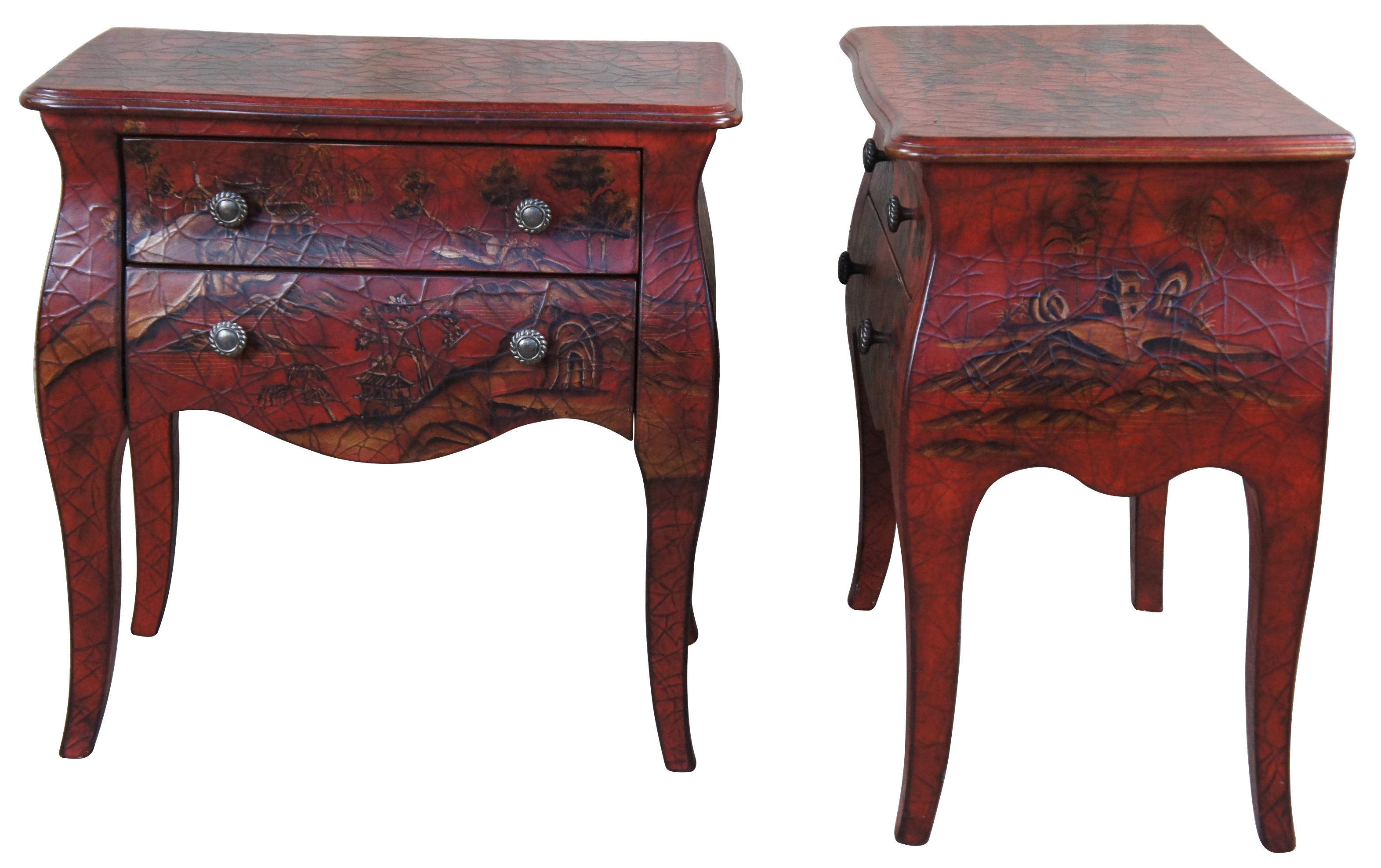 2 Chinese nightstands or side tables, circa 1990s. A french inspired bombe form finished in red with a crackle finish and painted chinoiserie motif. Features two drawers and silver gadrooning drawer pulls.