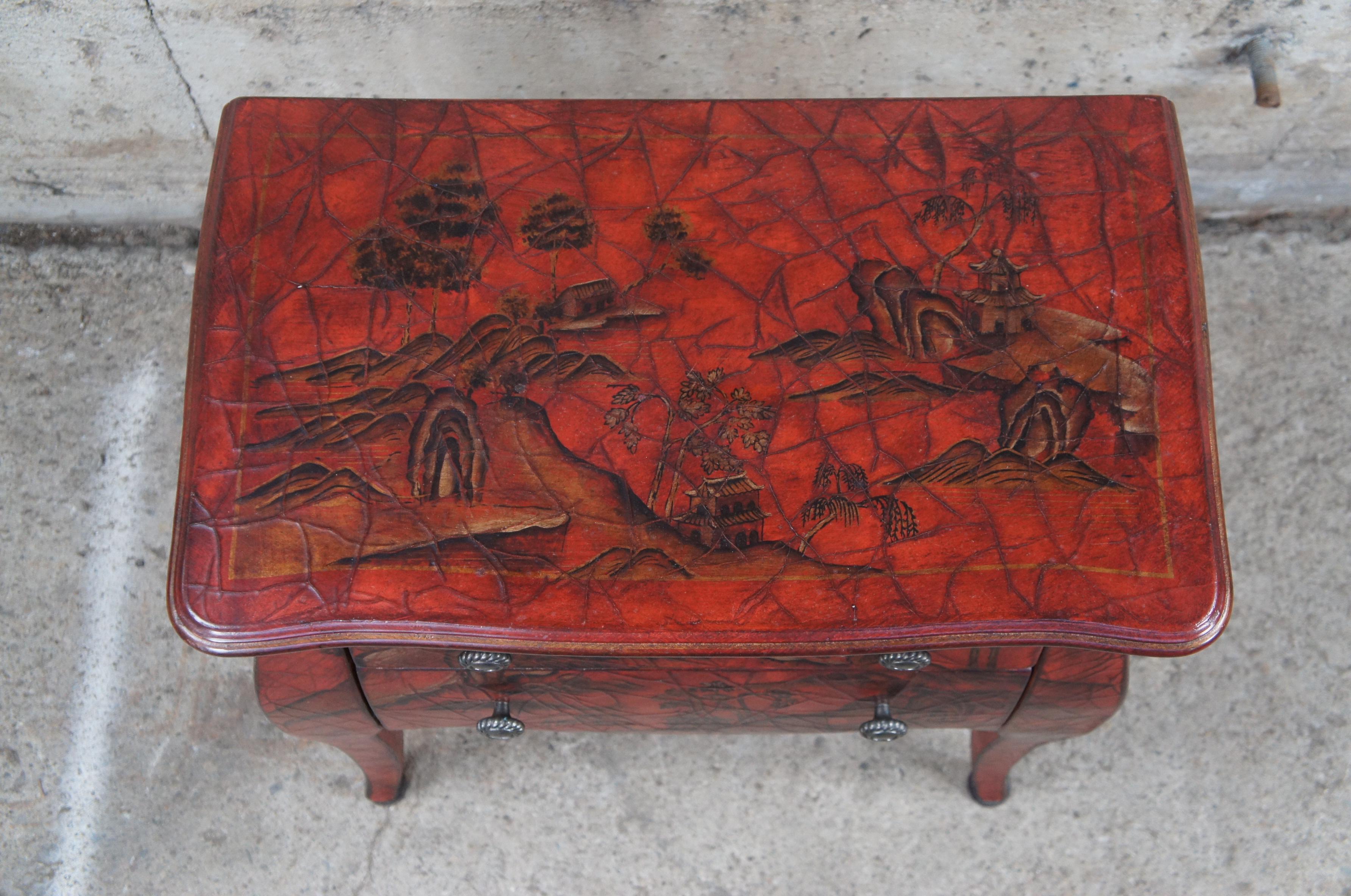 Late 20th Century Pair 20th C. Chinese Red Painted Bedside Tables Chests Nightstands Chinoiserie