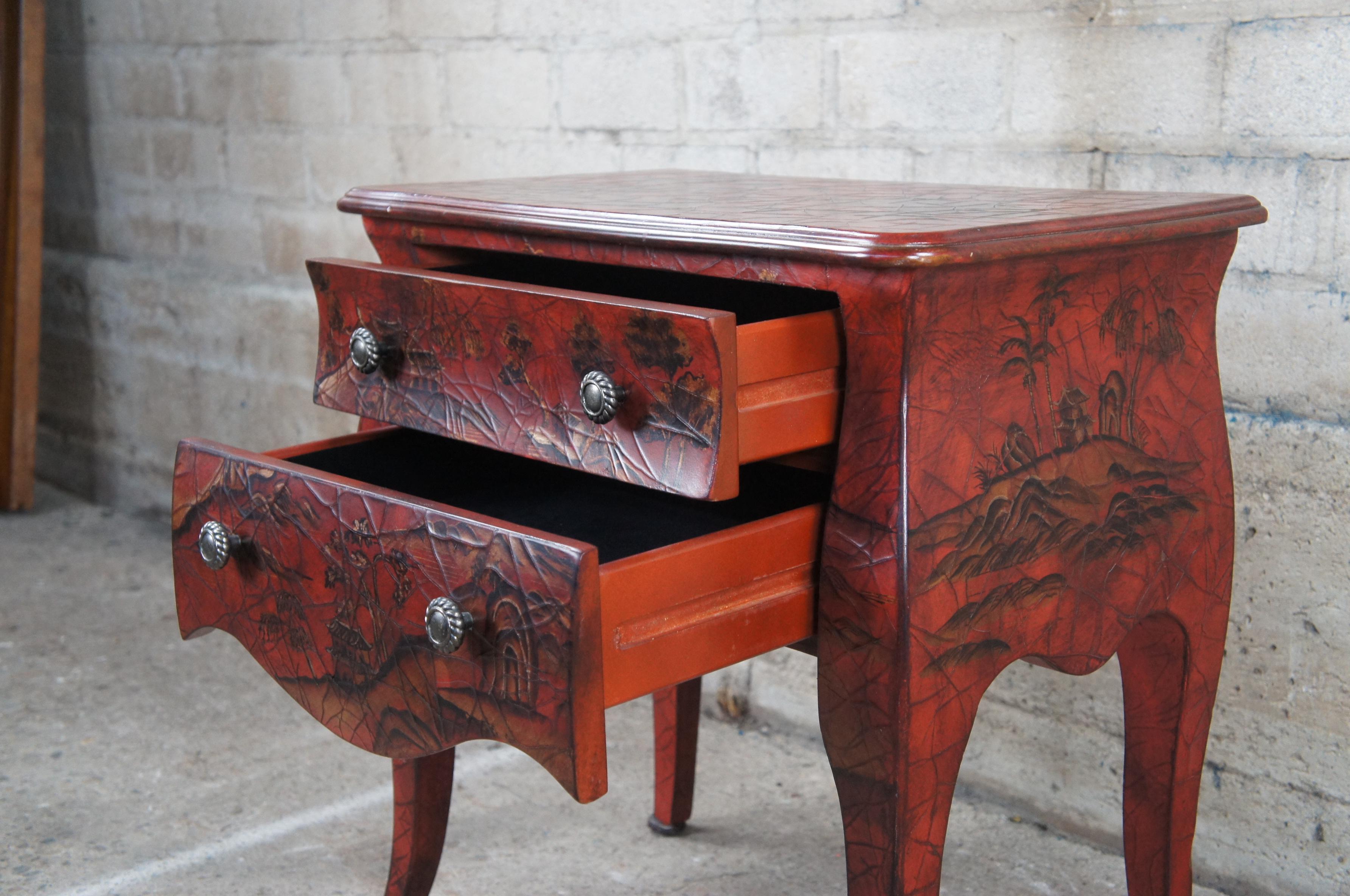 Hardwood Pair 20th C. Chinese Red Painted Bedside Tables Chests Nightstands Chinoiserie