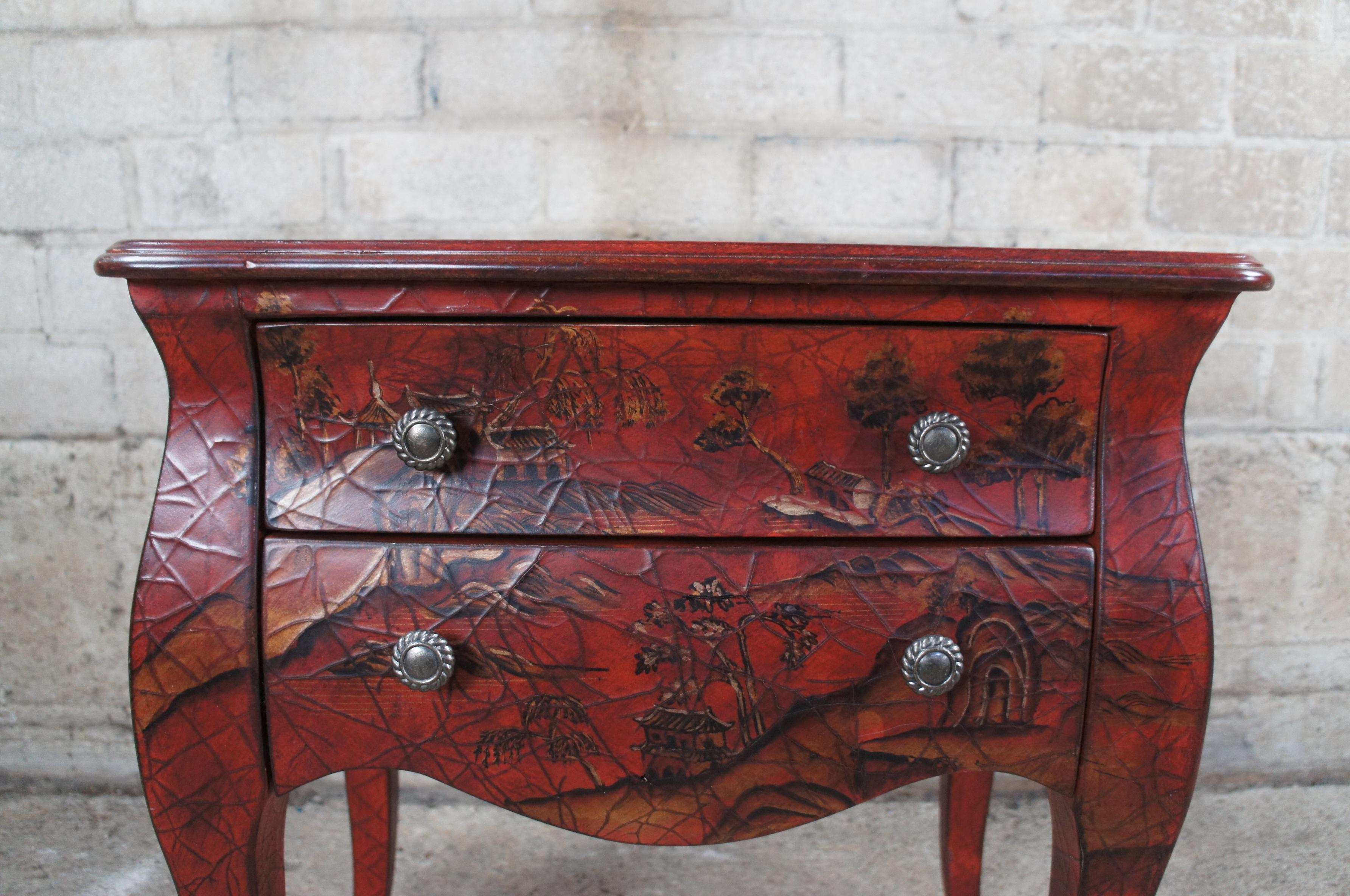 Pair 20th C. Chinese Red Painted Bedside Tables Chests Nightstands Chinoiserie 1