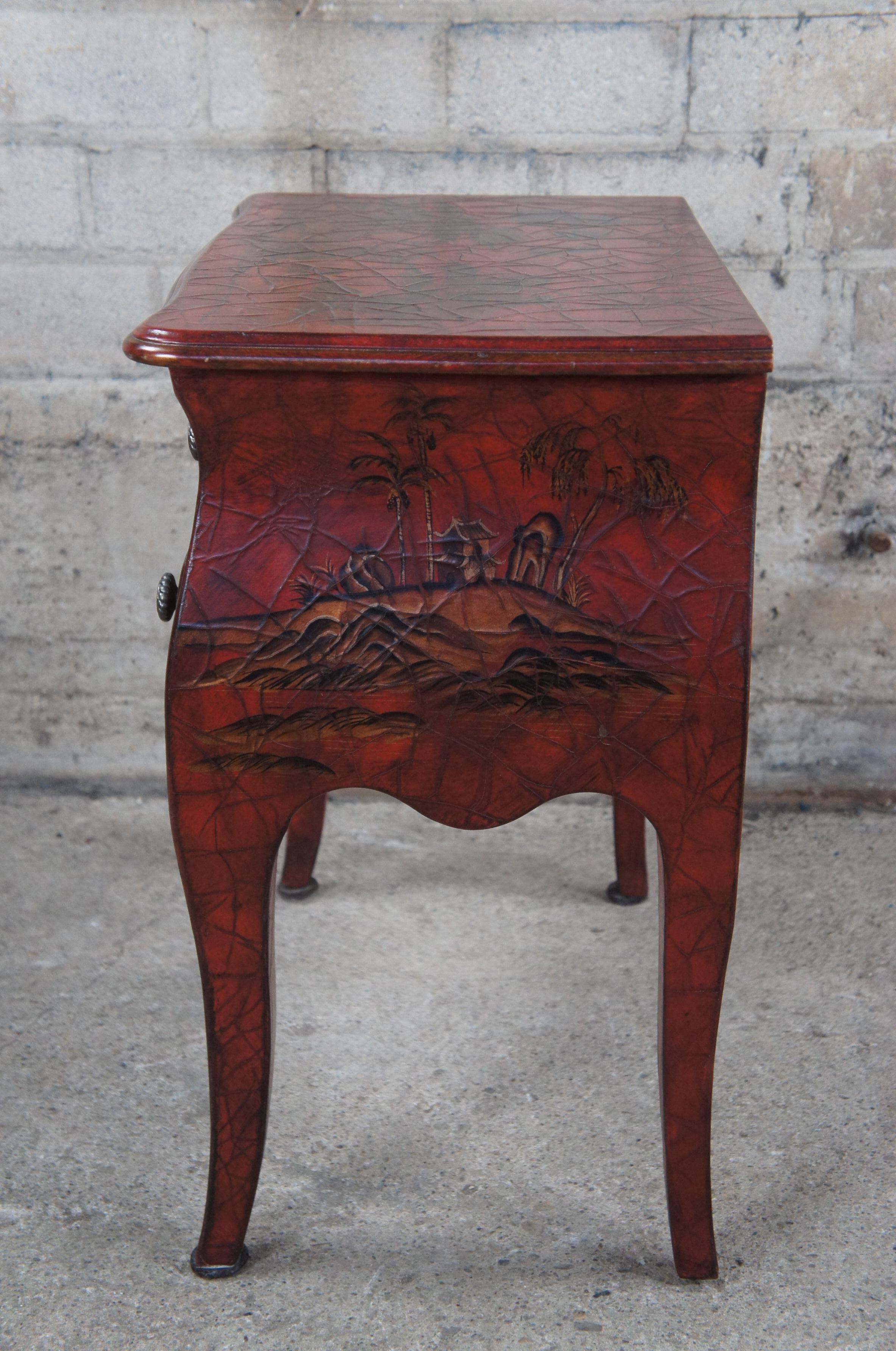 Pair 20th C. Chinese Red Painted Bedside Tables Chests Nightstands Chinoiserie 2