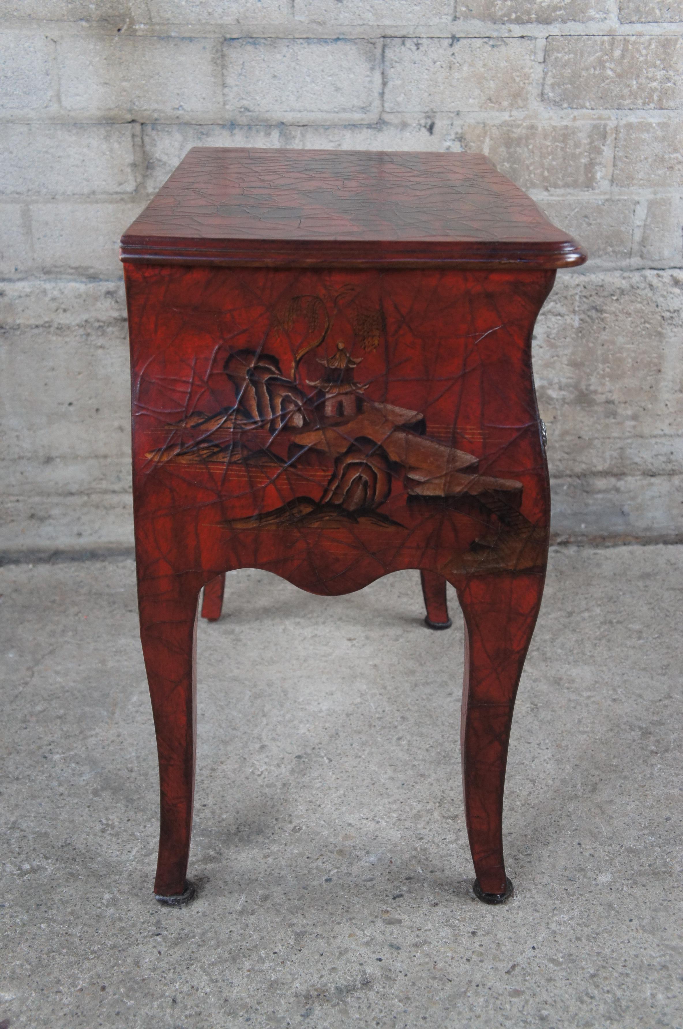 Pair 20th C. Chinese Red Painted Bedside Tables Chests Nightstands Chinoiserie 4