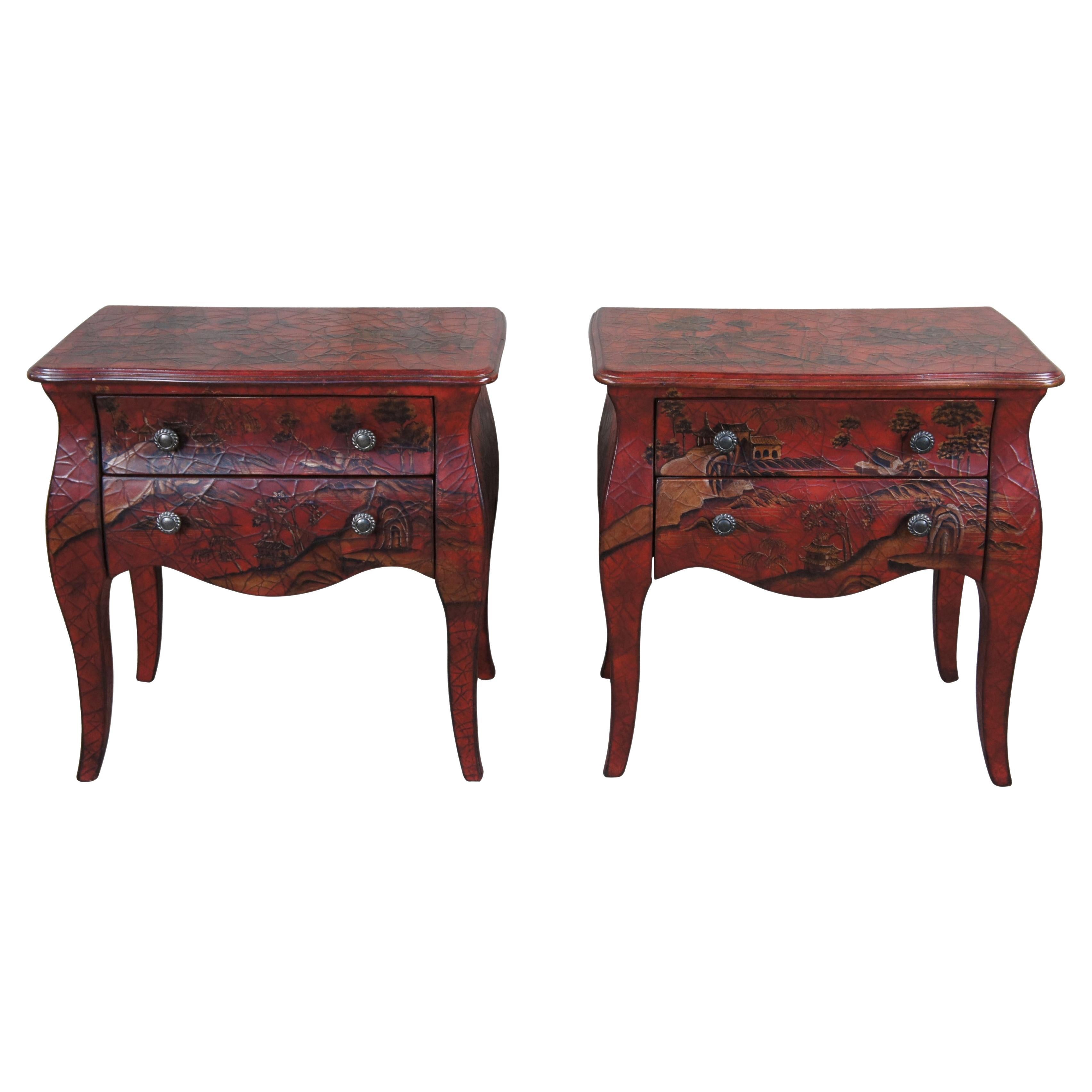 Pair 20th C. Chinese Red Painted Bedside Tables Chests Nightstands Chinoiserie
