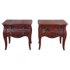 Pair 20th C. Chinese Red Painted Bedside Tables Chests Nightstands Chinoiserie