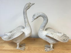 Pair 20th C. Zinc Alloy Swan Garden Sculptures Good Scale & Weathered Surface