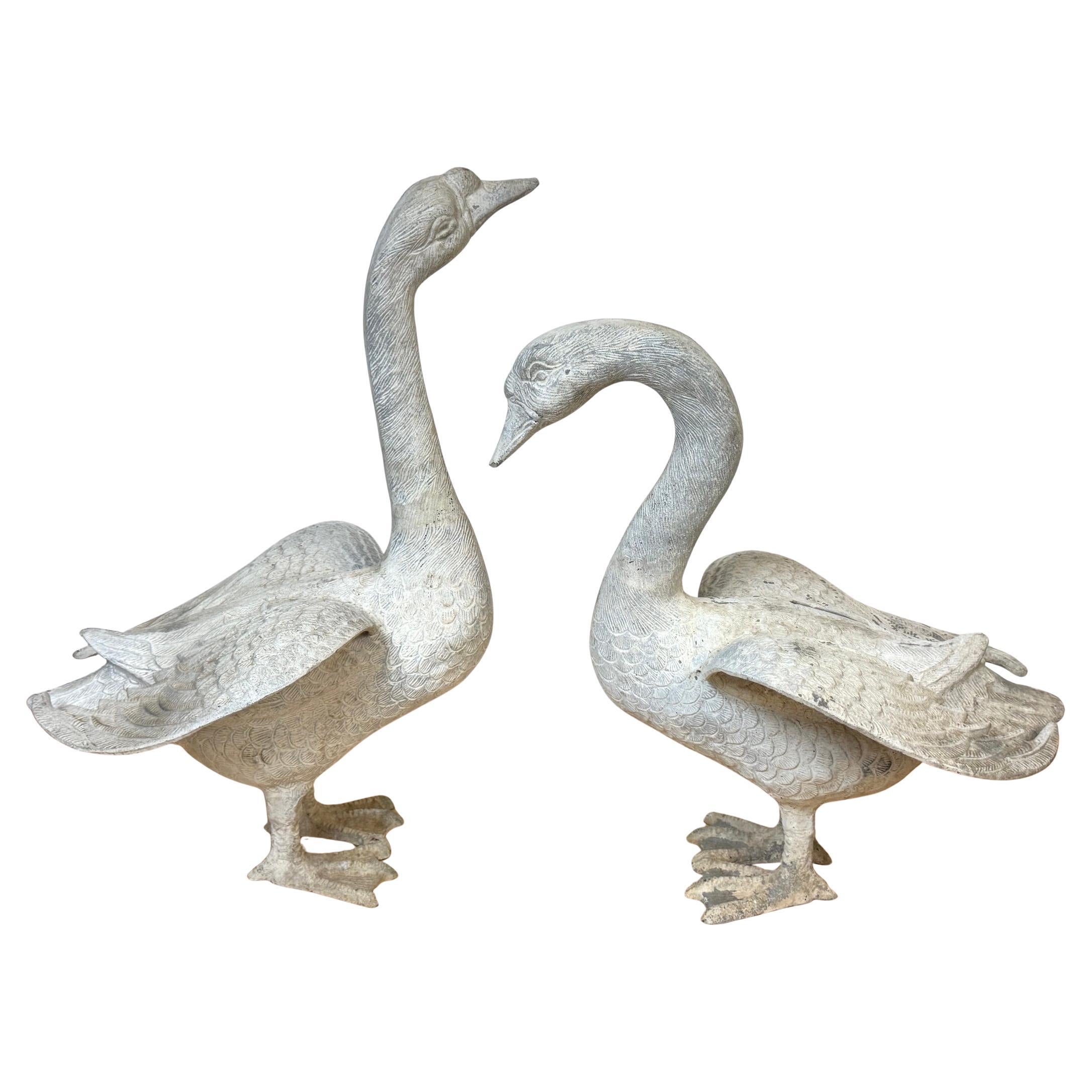Pair 20th C. Zinc Alloy Swan Garden Sculptures Good Scale 
Weathered Surface