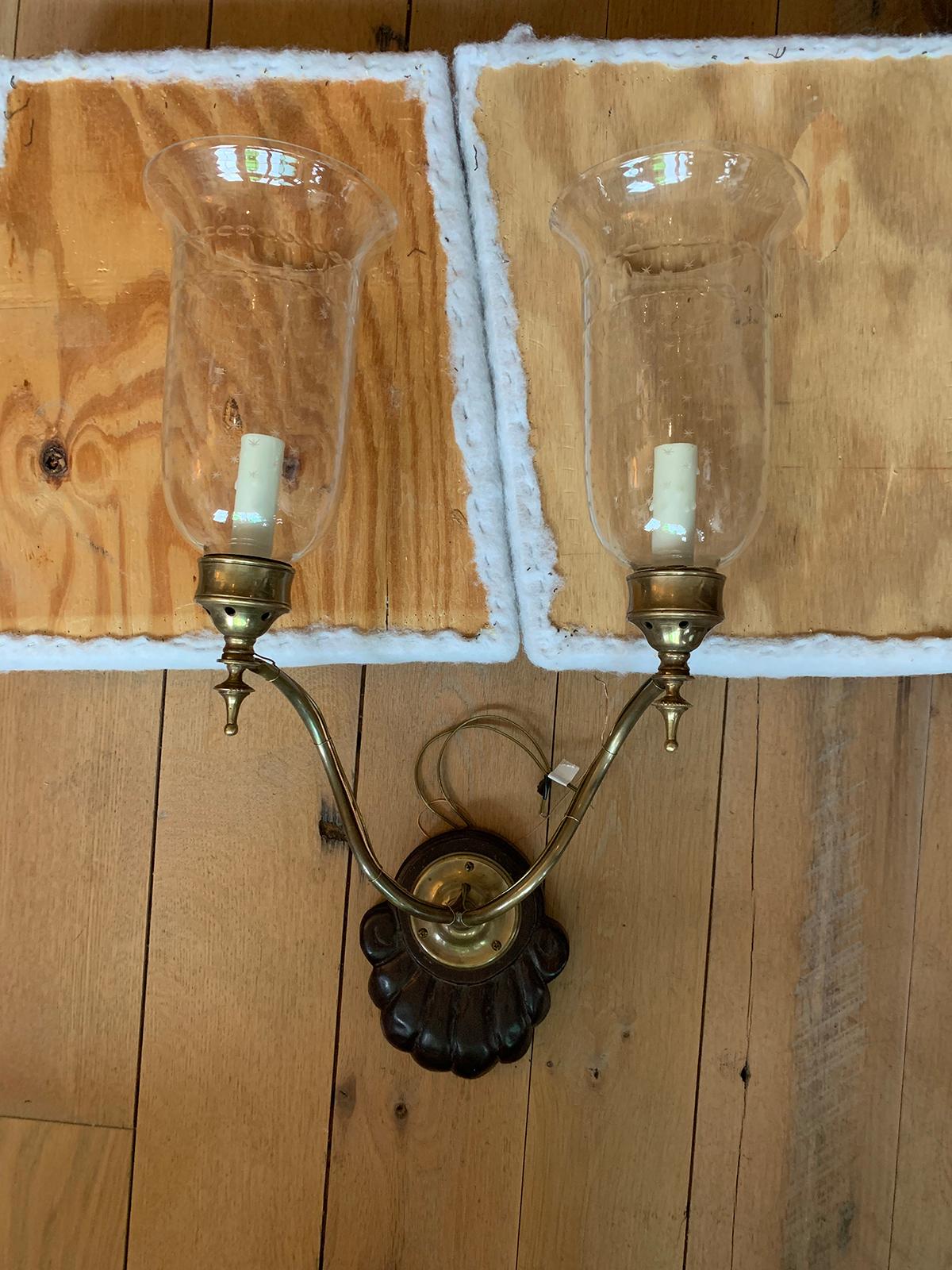 Pair 20th century Anglo-Indian two-arm shell back sconces, etched glass hurricanes.
Brand new wiring.