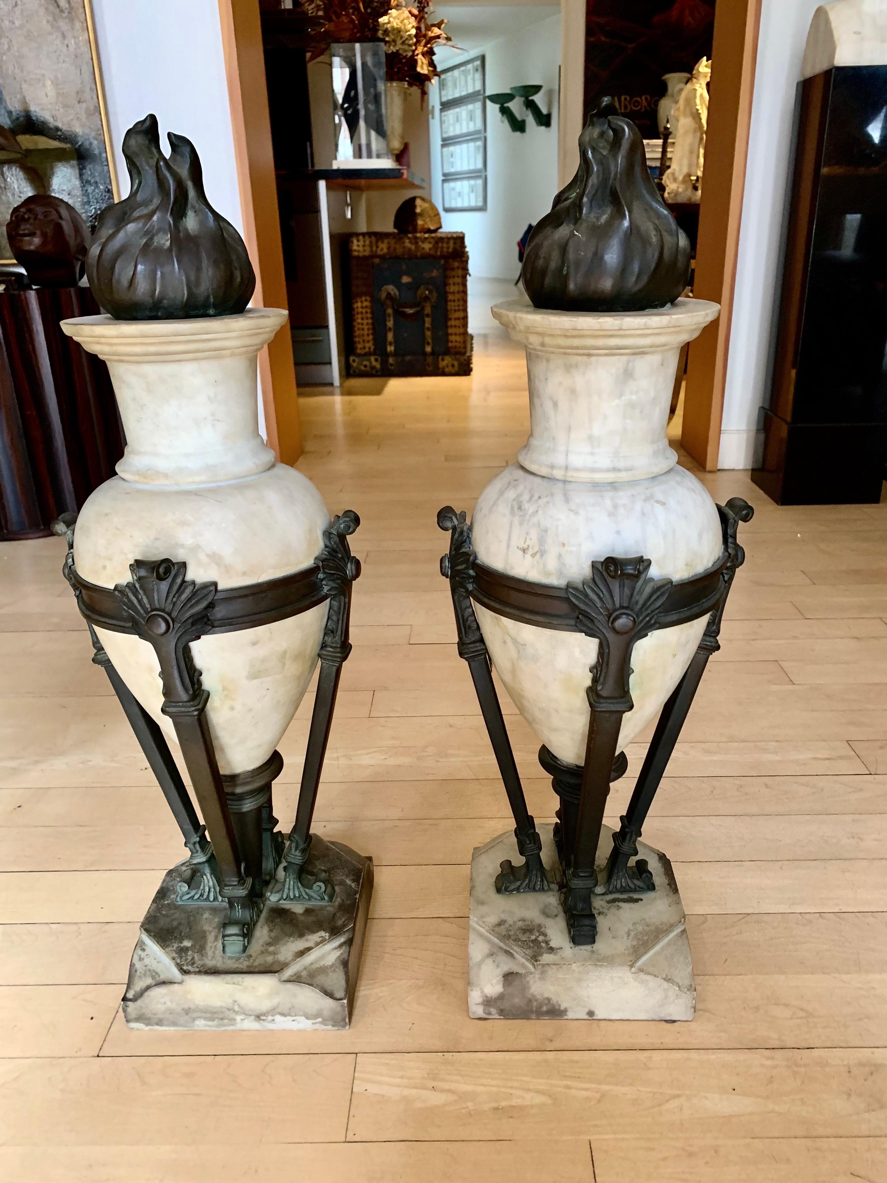 Pair 20th Century Art Deco Marble and Bronze Urns Vases  For Sale 8