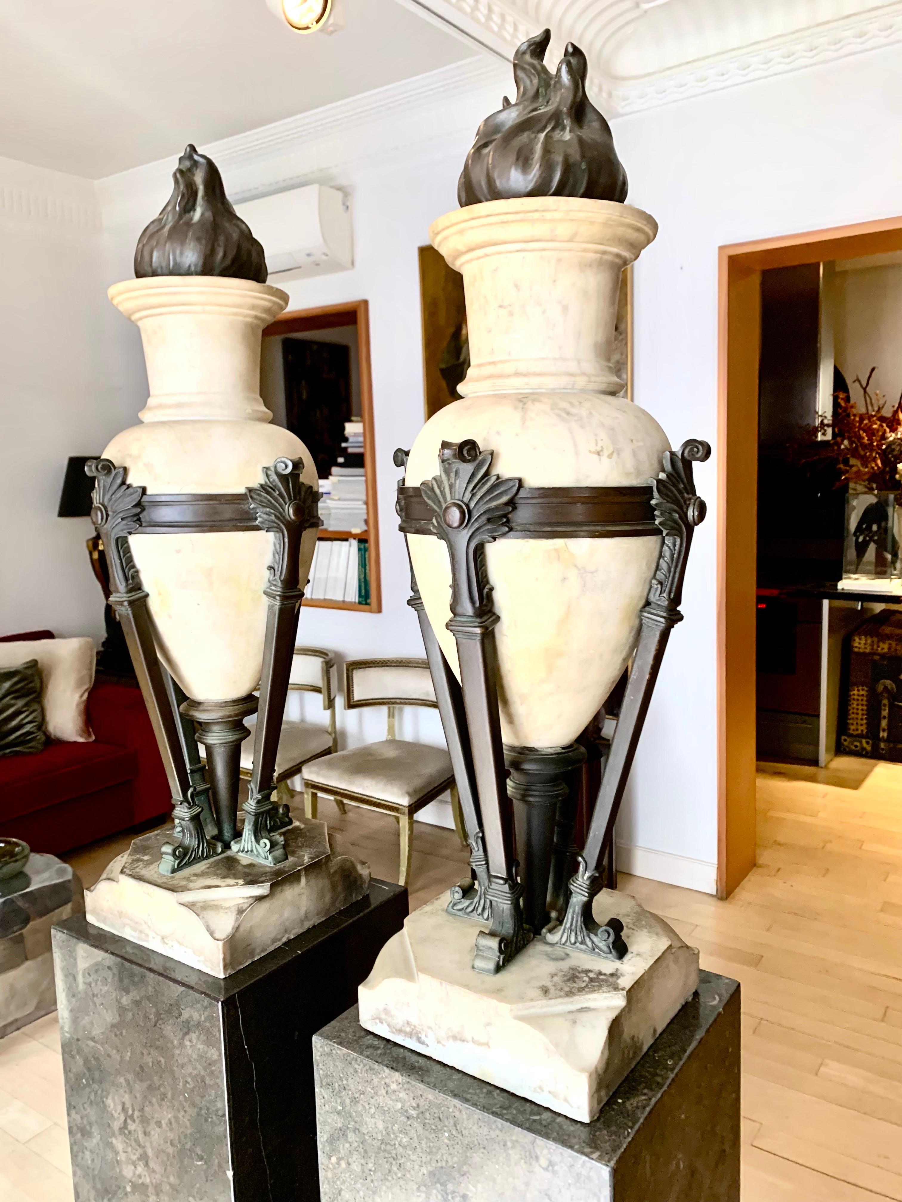 French Pair 20th Century Art Deco Marble and Bronze Urns Vases  For Sale