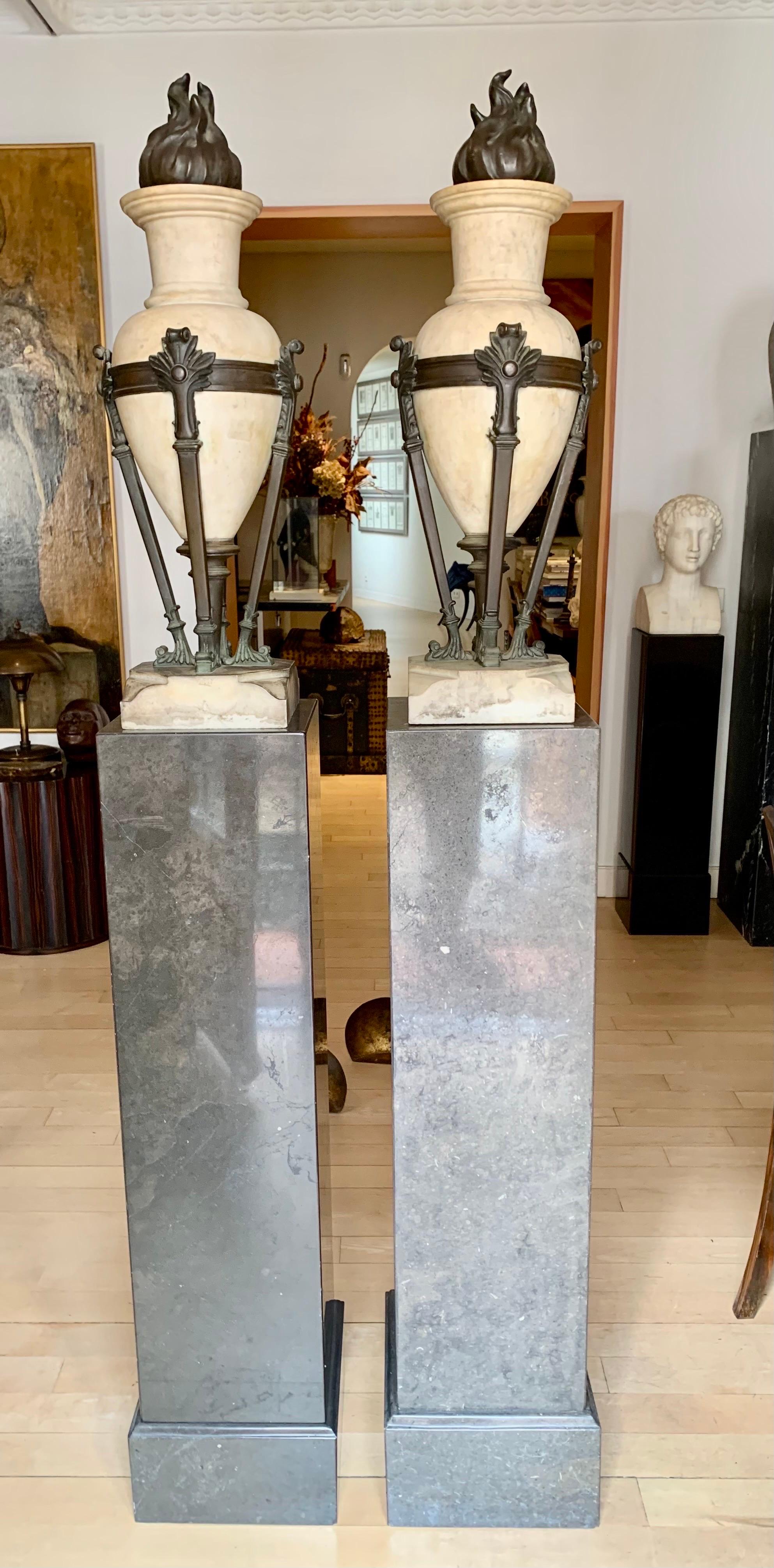 Pair 20th Century Art Deco Marble and Bronze Urns Vases  For Sale 3