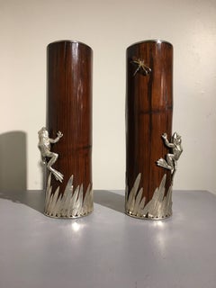 Pair of 20th Century Bamboo and Sliver Plate Frog and Dragonfly Sleeve Vases