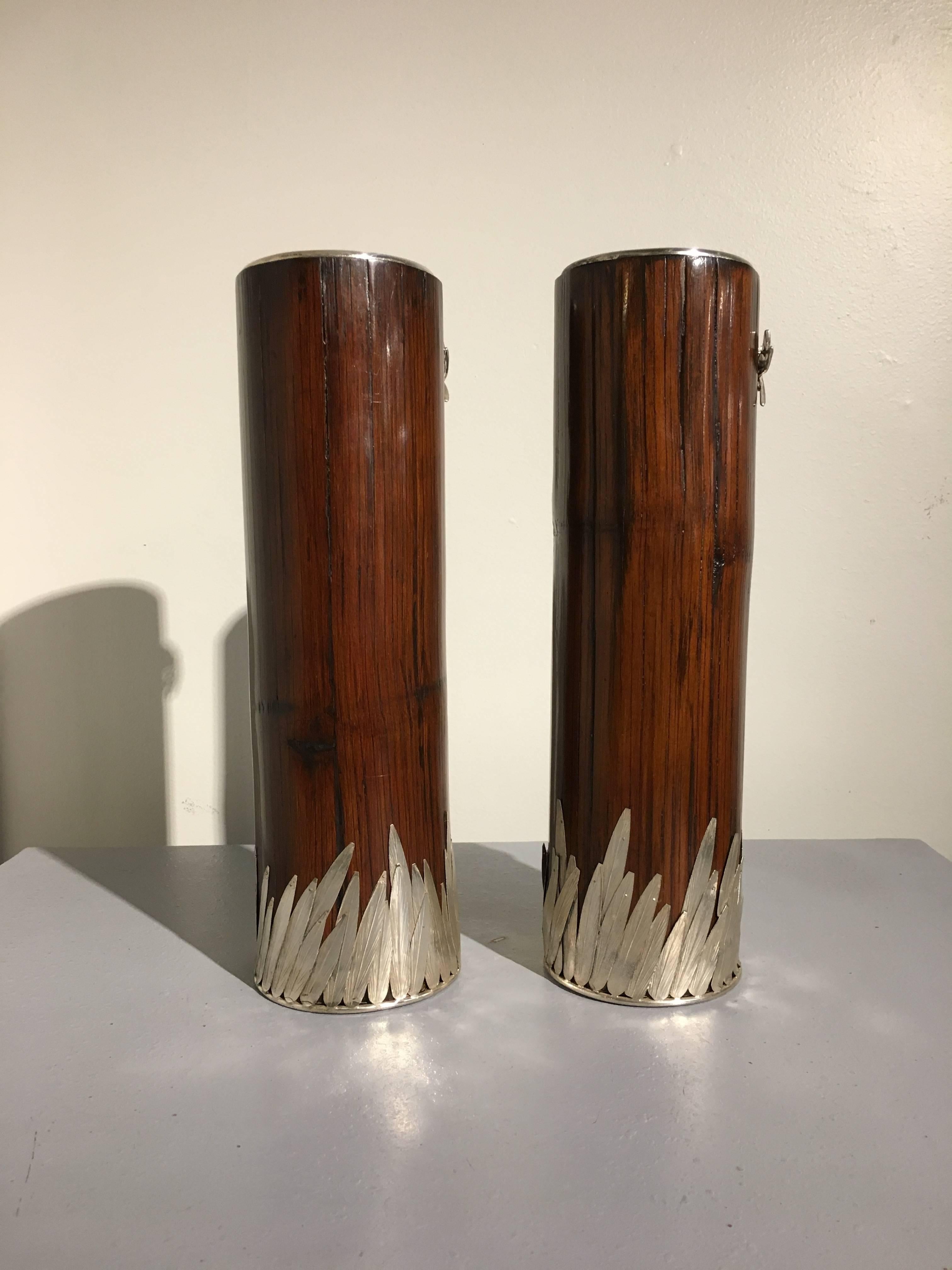 Unknown Pair of 20th Century Bamboo and Sliver Plate Frog and Dragonfly Sleeve Vases