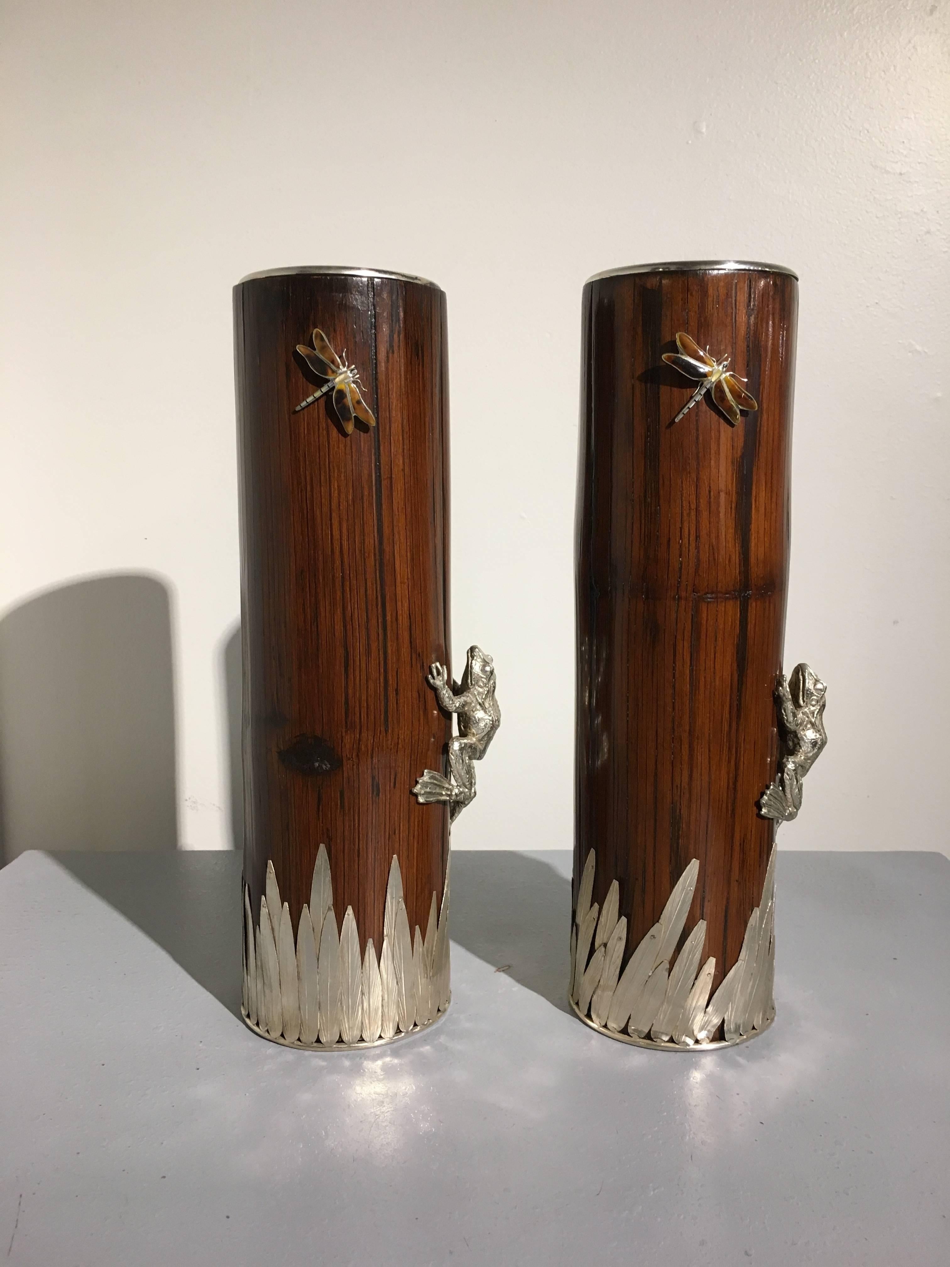 Pair of 20th Century Bamboo and Sliver Plate Frog and Dragonfly Sleeve Vases In Good Condition In Austin, TX
