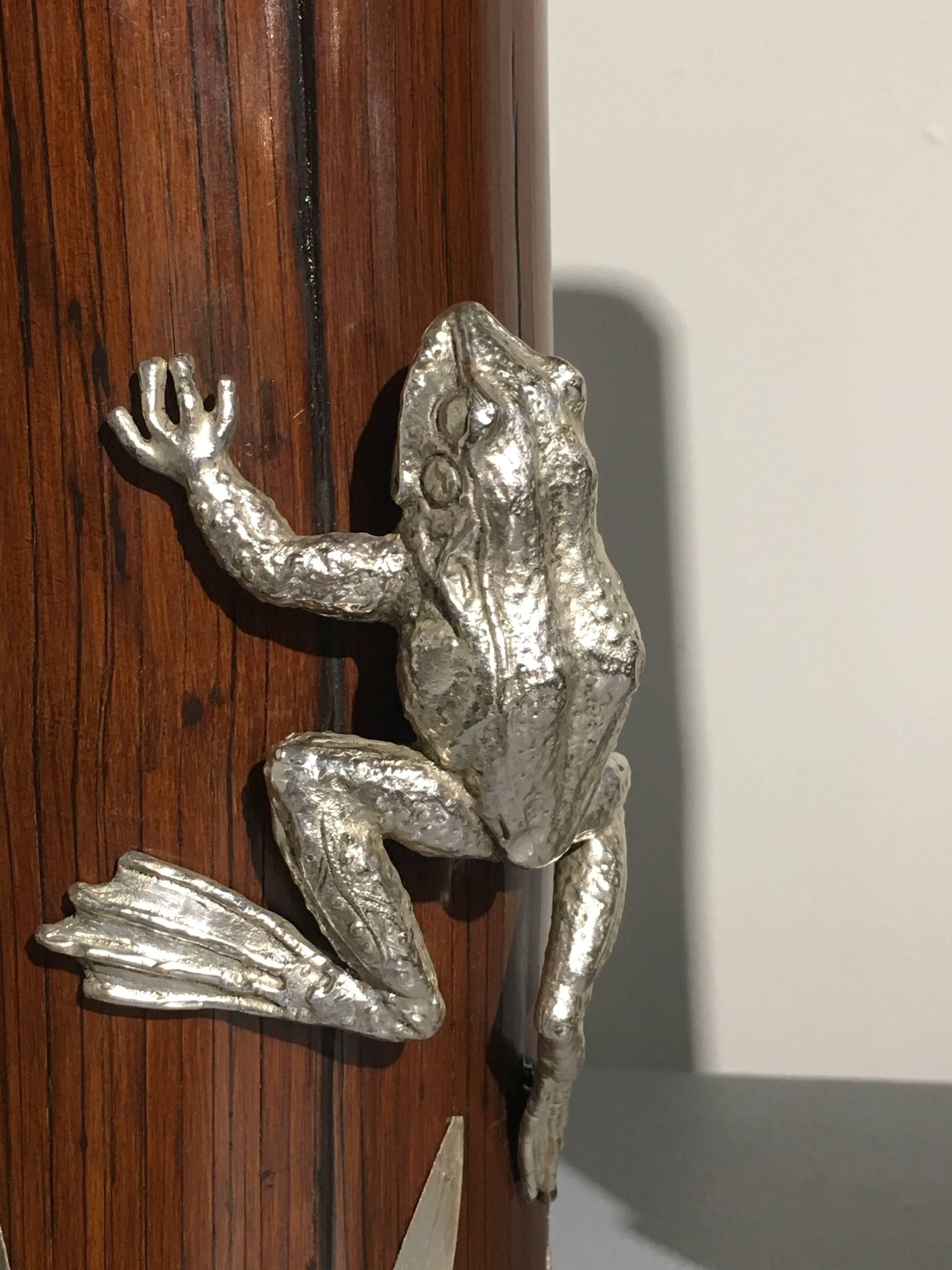 Pair of 20th Century Bamboo and Sliver Plate Frog and Dragonfly Sleeve Vases 1