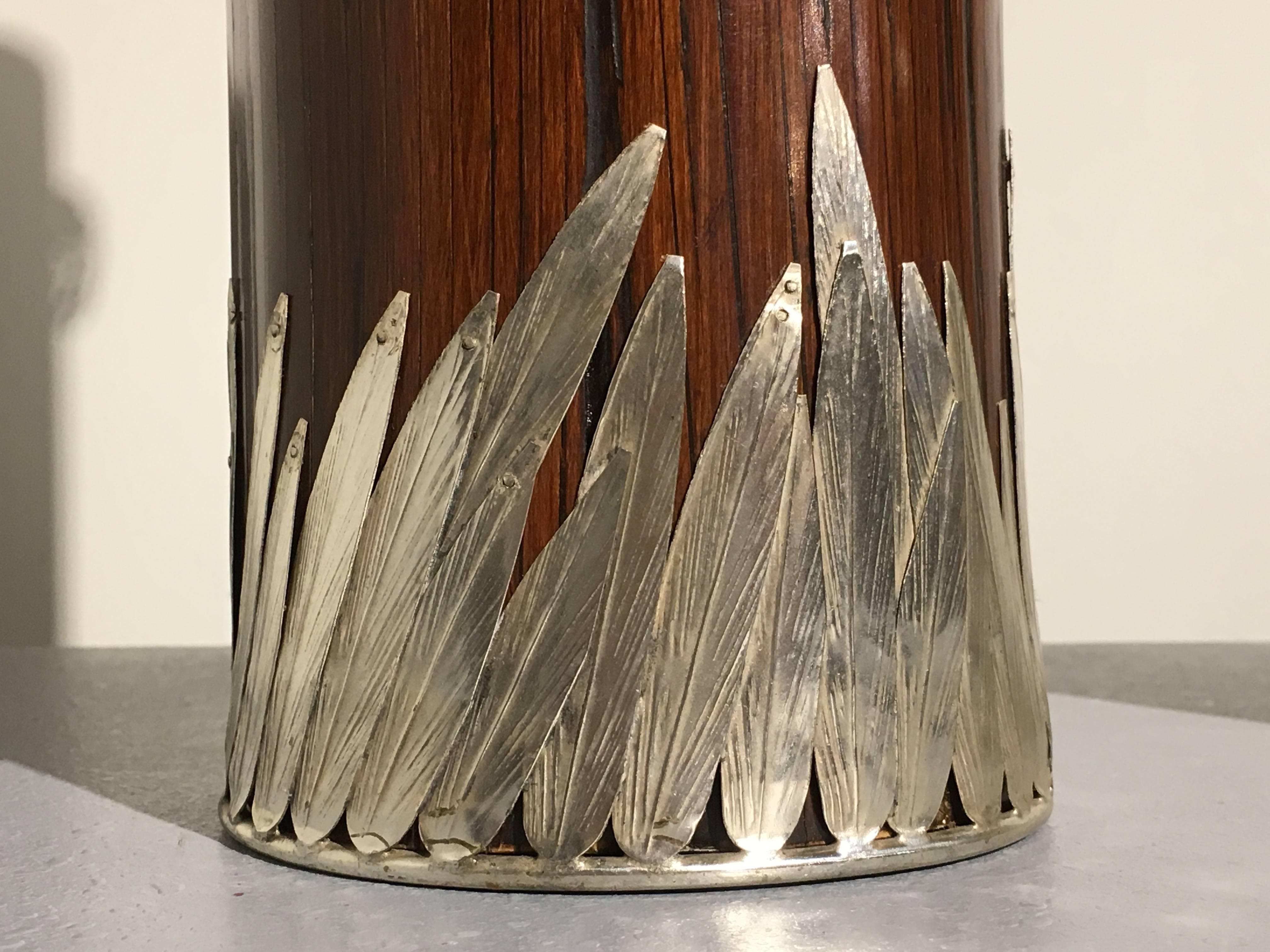 Pair of 20th Century Bamboo and Sliver Plate Frog and Dragonfly Sleeve Vases 2