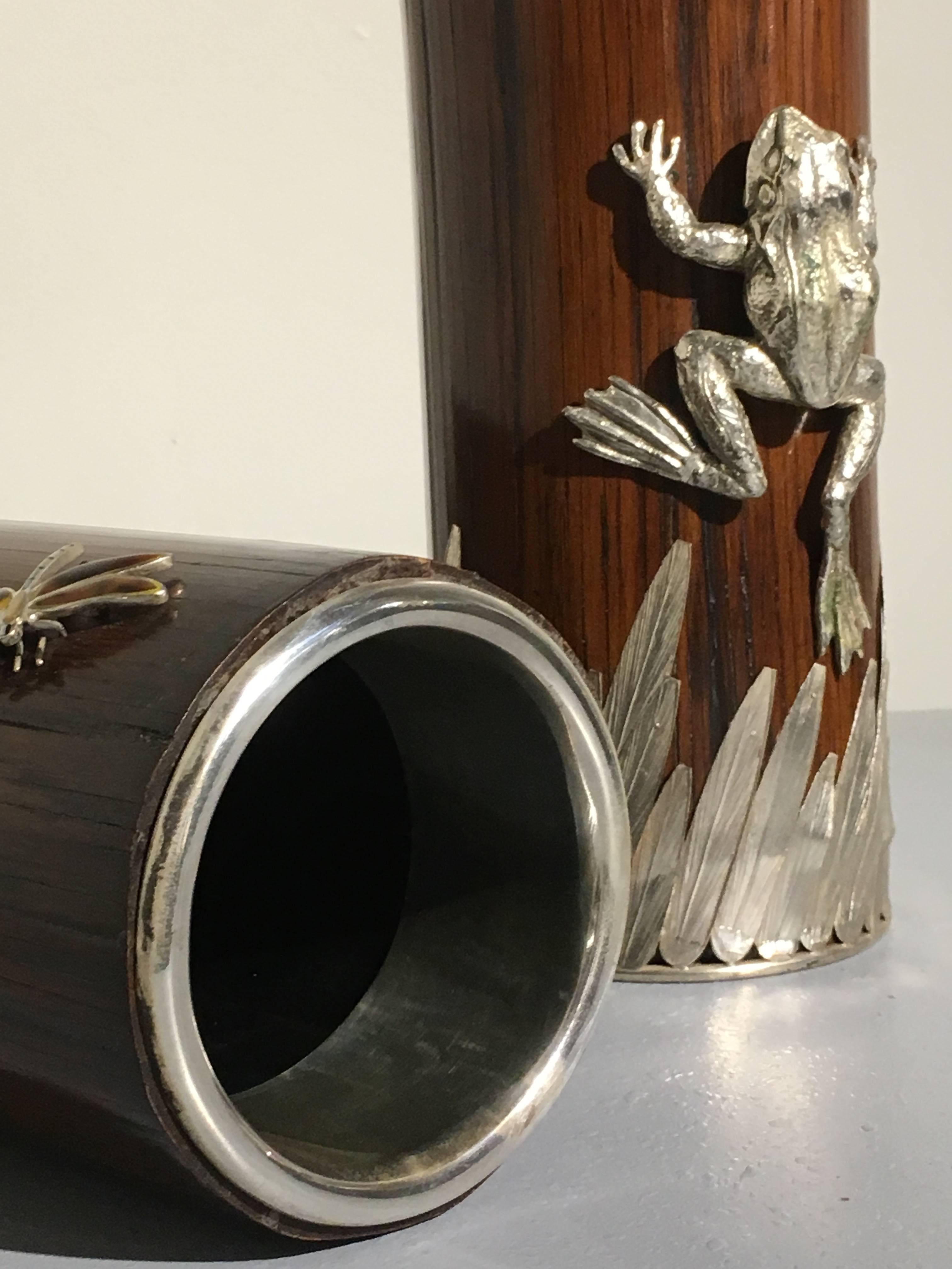 Pair of 20th Century Bamboo and Sliver Plate Frog and Dragonfly Sleeve Vases 3