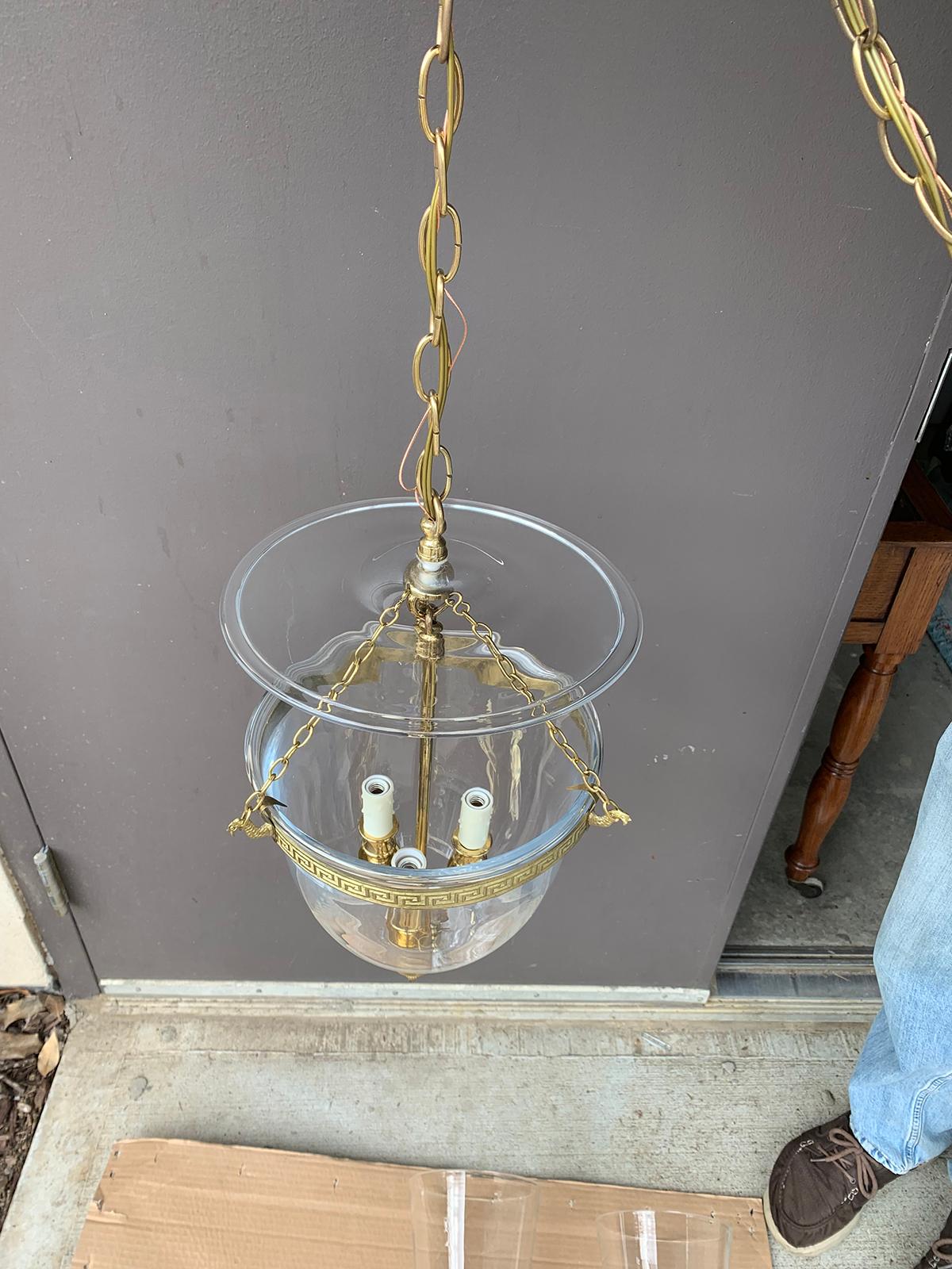 Pair of 20th Century Bell Jar Three-Light Lanterns with Greek Key Banding 5