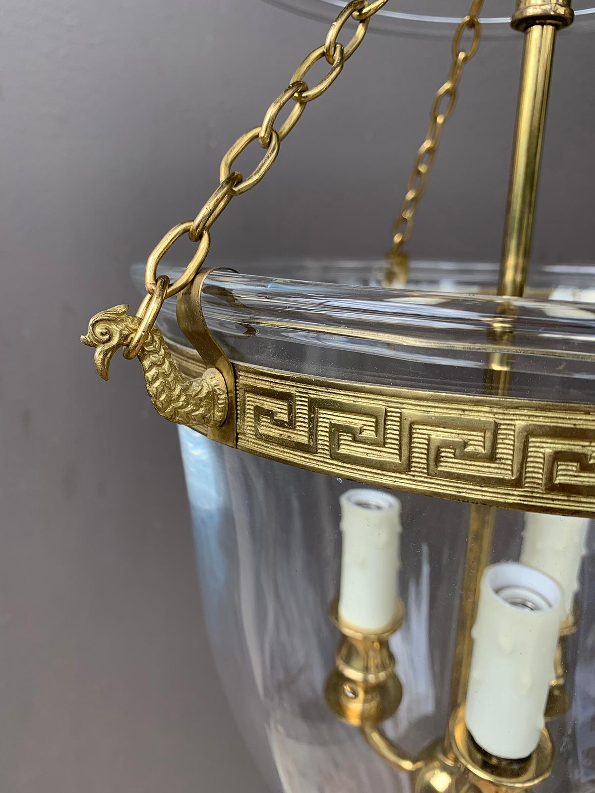 Pair of 20th century bell jar three-light lanterns with Greek key banding
Brand new wiring.
 