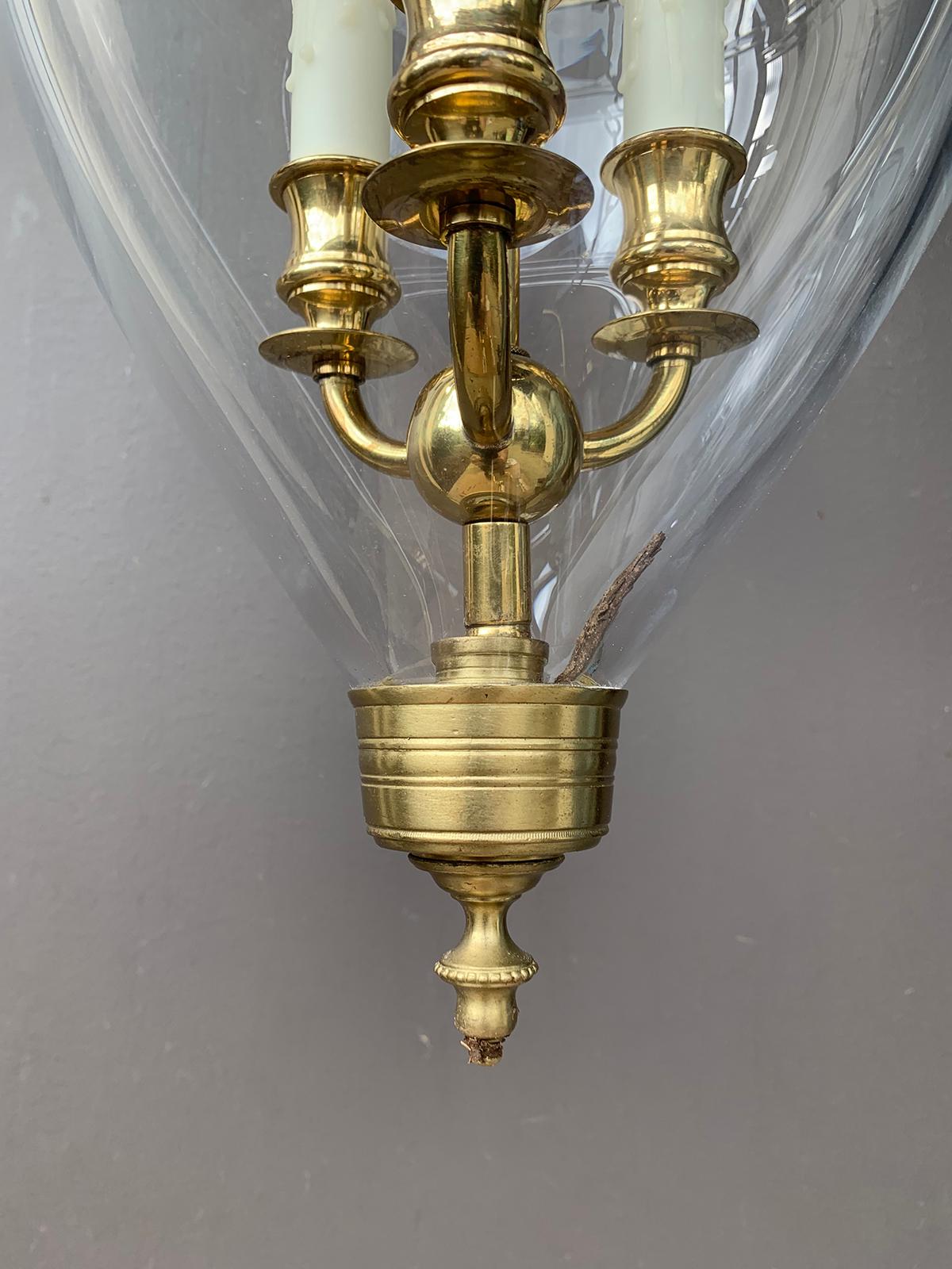 Pair of 20th Century Bell Jar Three-Light Lanterns with Greek Key Banding In Good Condition In Atlanta, GA