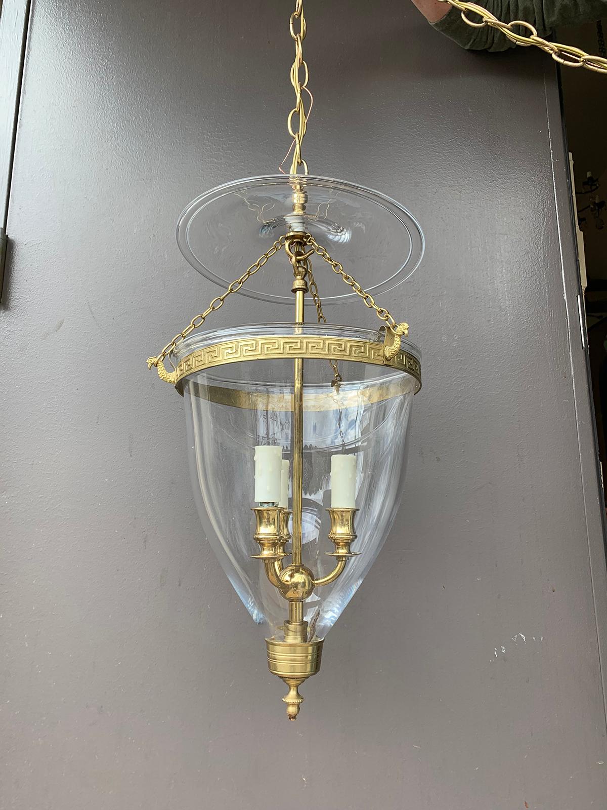 Brass Pair of 20th Century Bell Jar Three-Light Lanterns with Greek Key Banding