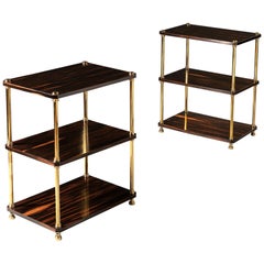 20th Century Brown Calamander Wood and Brass Three-Tier Étagères or Tables, Pair