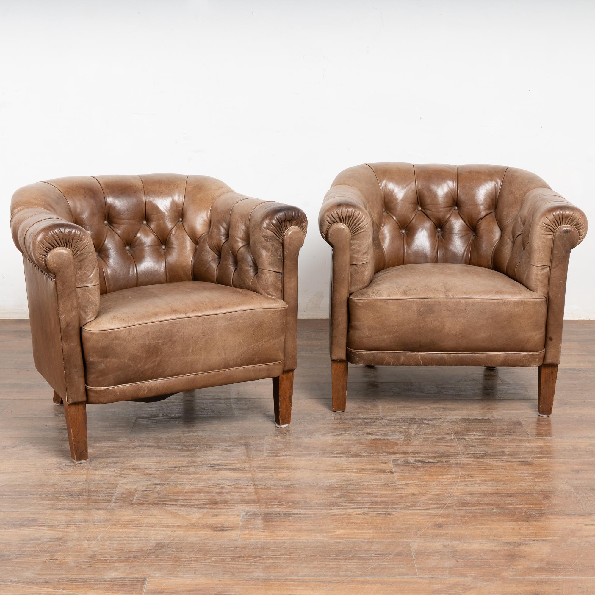 Pair, brown leather barrel back arm chairs with hard wood legs.
Upholstered club chairs in button-tufted vintage brown leather with rolled arms.
Sold in original used condition. Typical age related wear including scuffs, scratches, creases, stains,