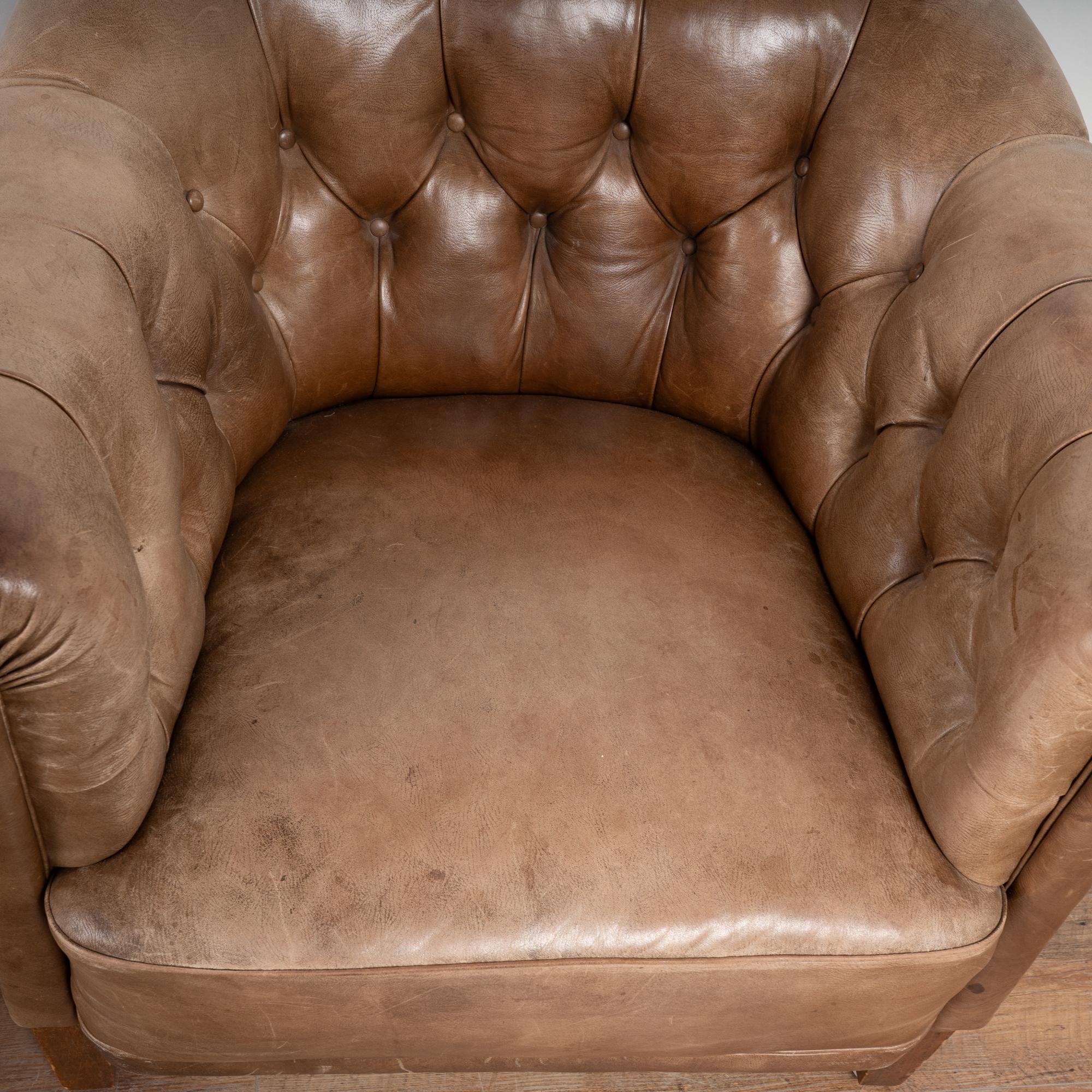Pair, 20th Century Brown Leather Barrel Back Club Chairs, Sweden In Good Condition In Round Top, TX