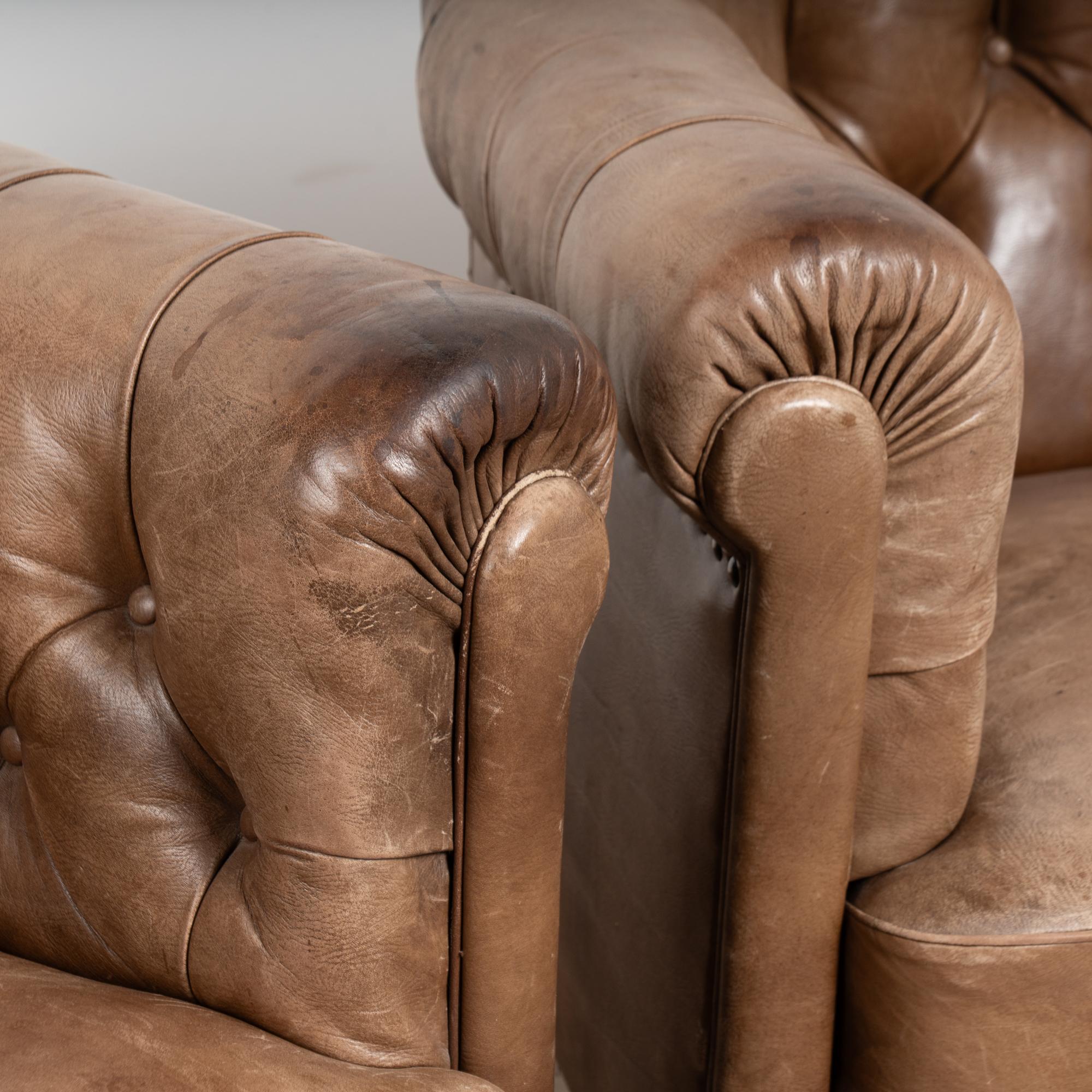 Pair, 20th Century Brown Leather Barrel Back Club Chairs, Sweden 2
