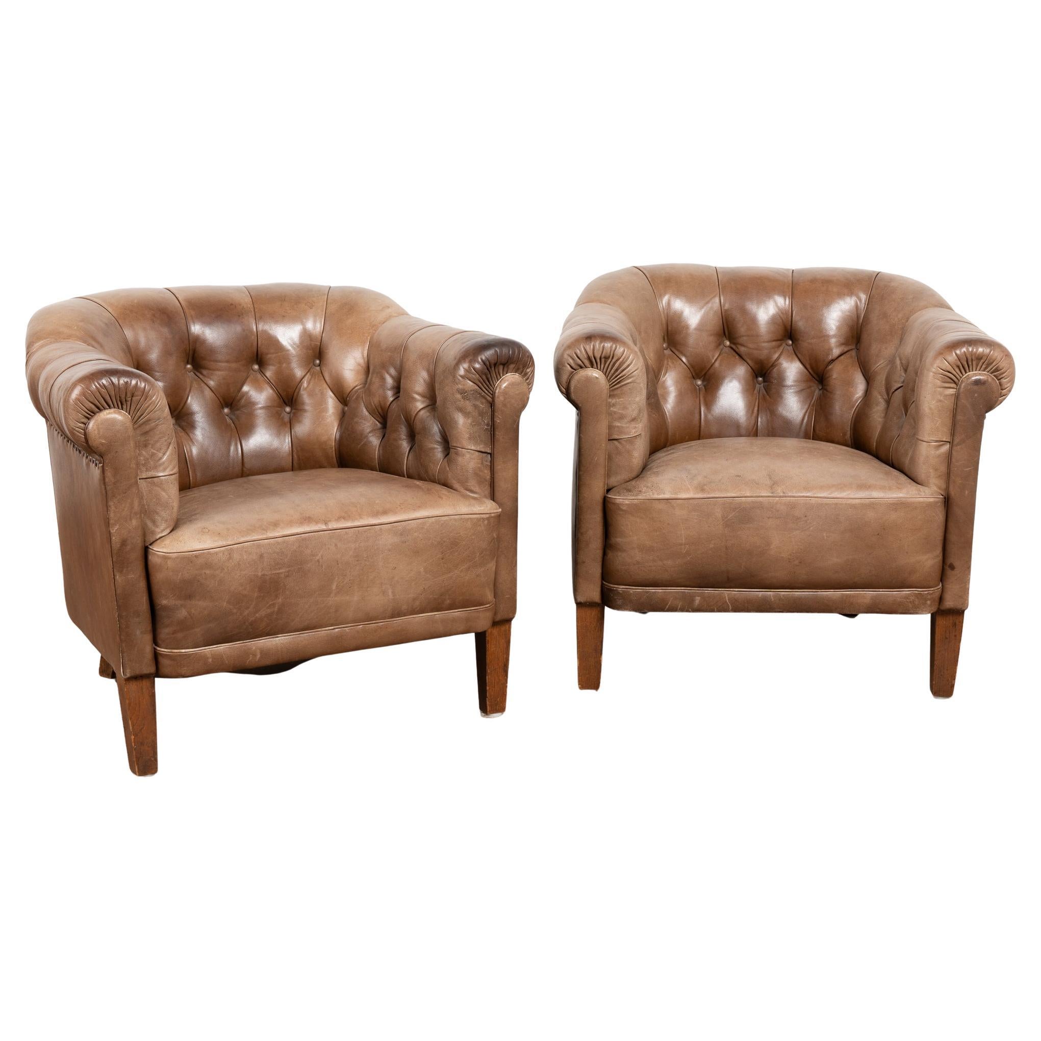 Pair, 20th Century Brown Leather Barrel Back Club Chairs, Sweden