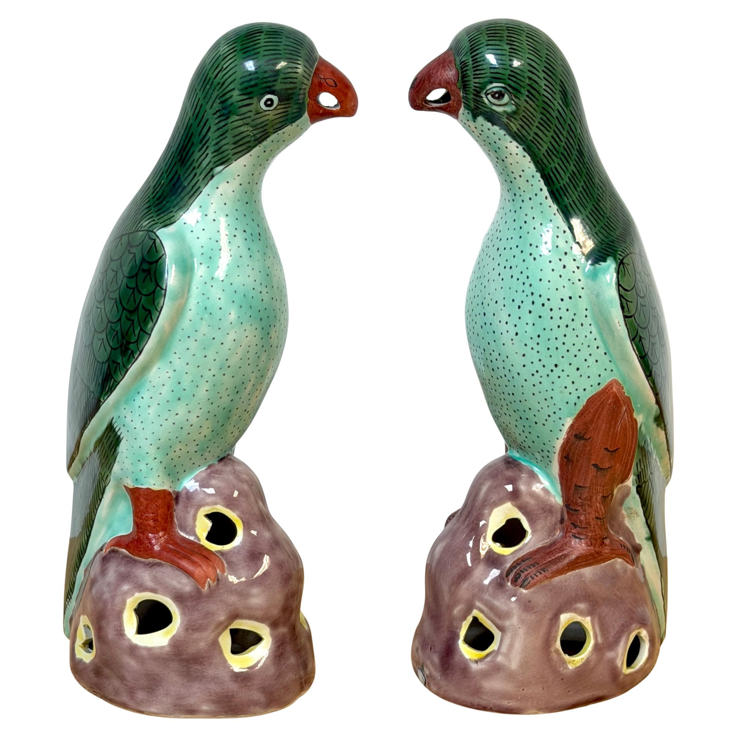 Pair 20th Century Chinese Export Famille Verte Porcelain Parrots, Kangxi Style